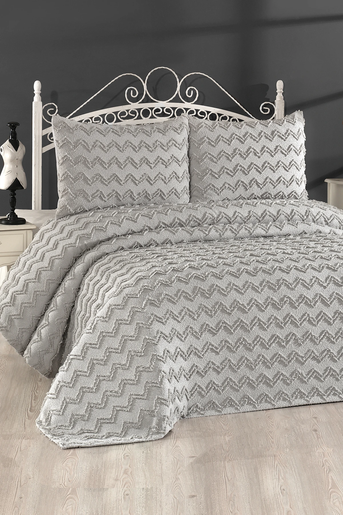 Lidya 3 Parça Çift Kişilik Pike Takımı Krem - Gri