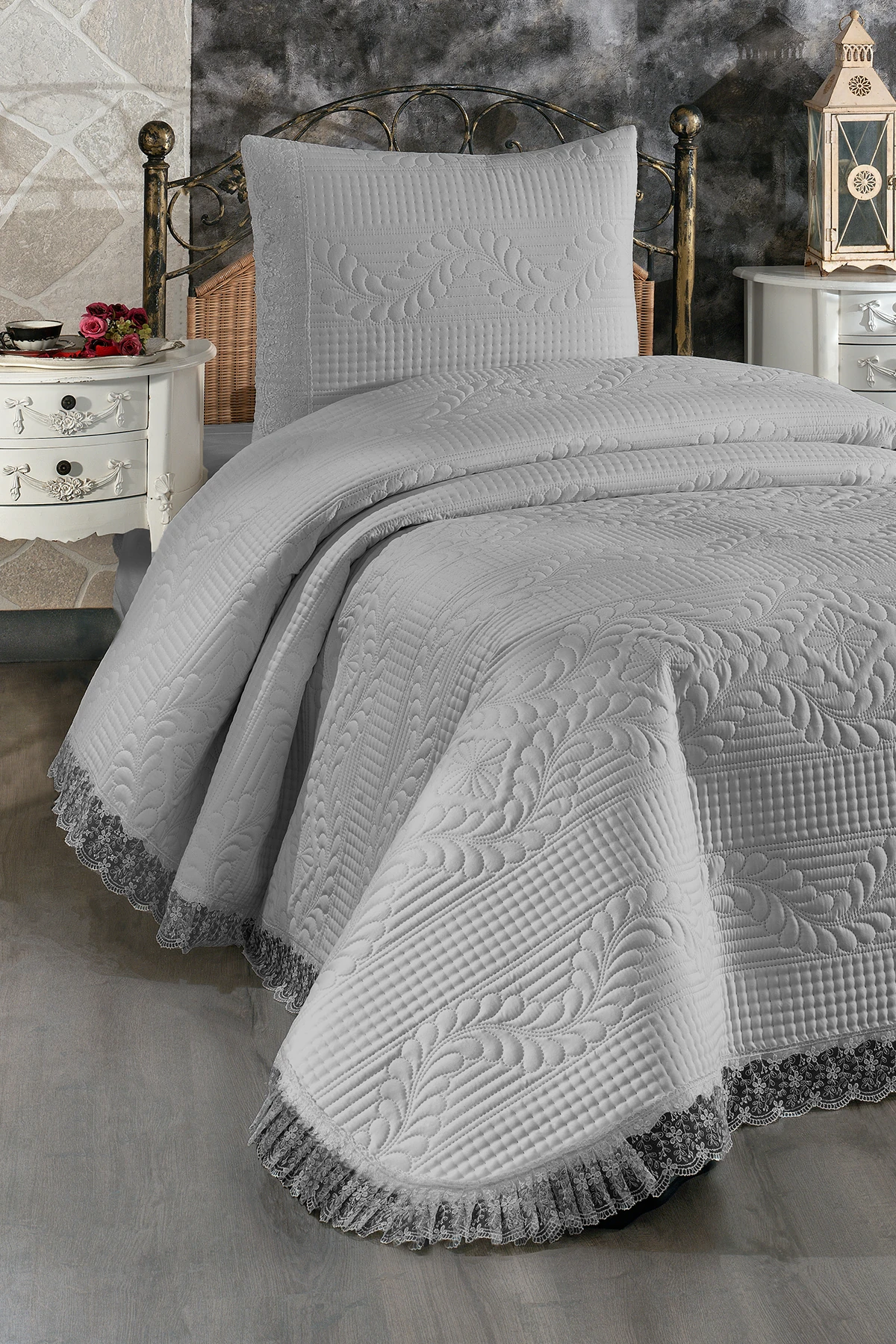 Siena Tek Kişilik Dantelli Yatak Örtüsü  - Gri