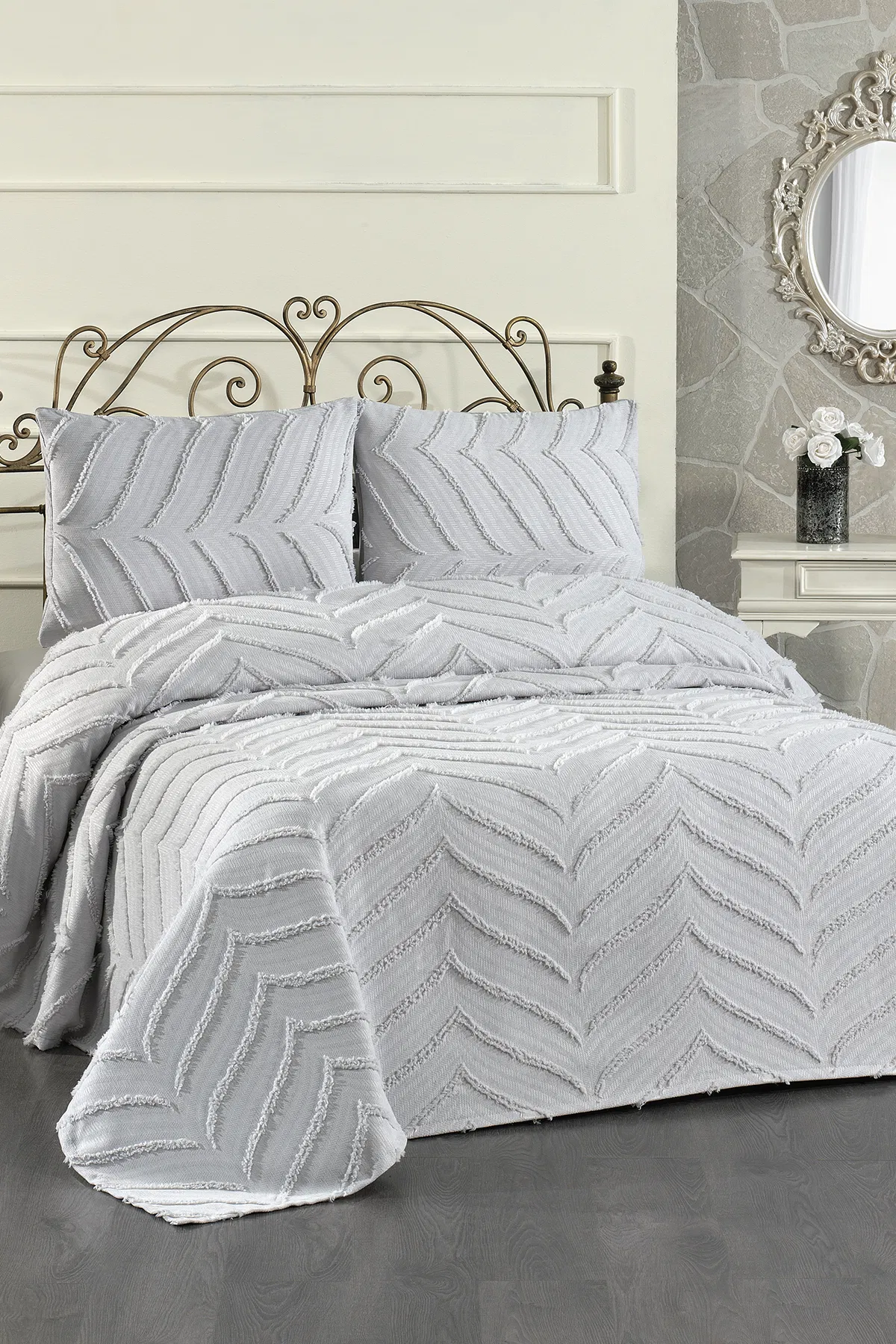 Serra 3 Parça Çift Kişilik Pike Takımı Gri - Gri