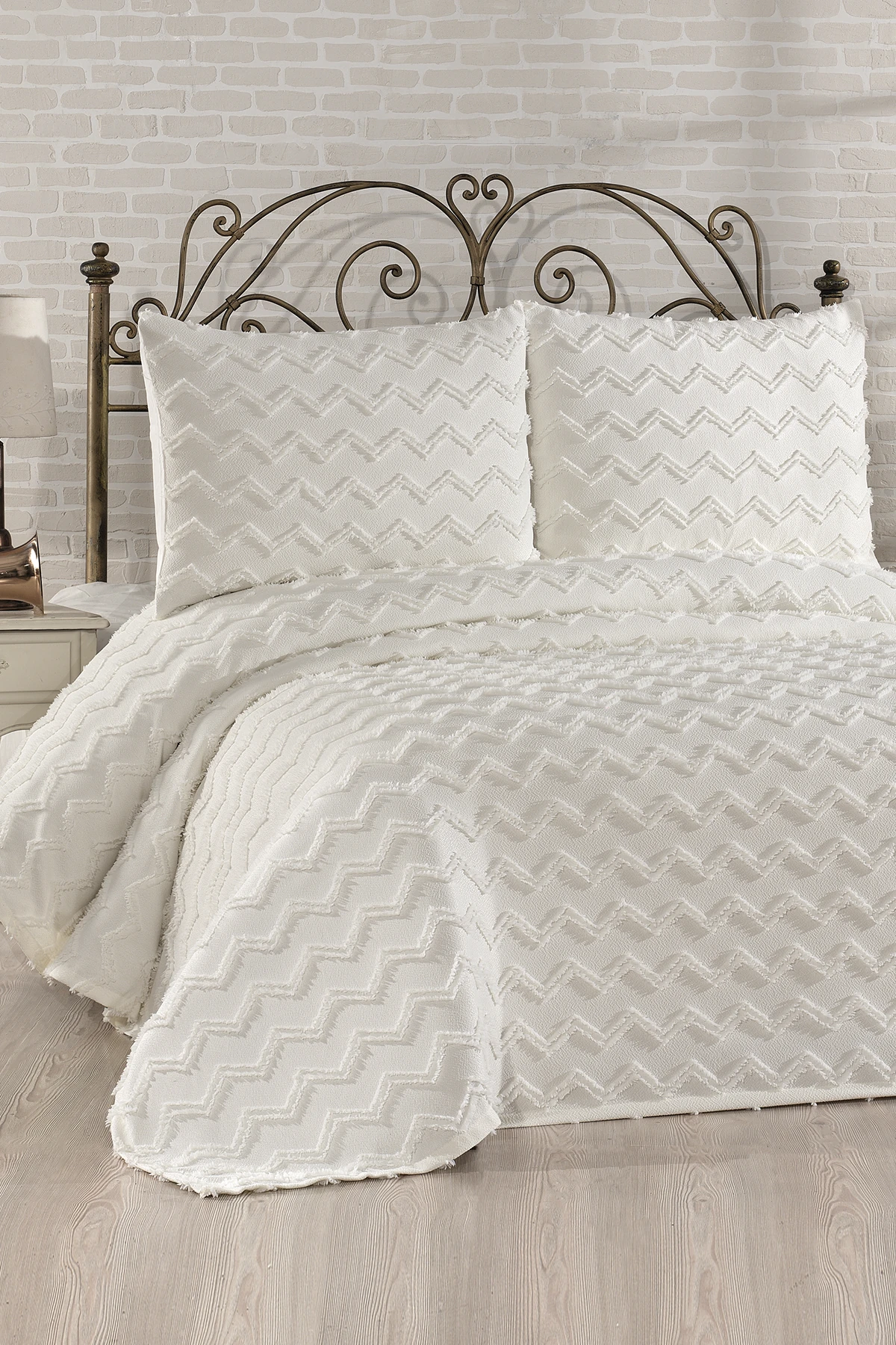 Lidya 3 Parça Çift Kişilik Pike Takımı Krem - Beyaz