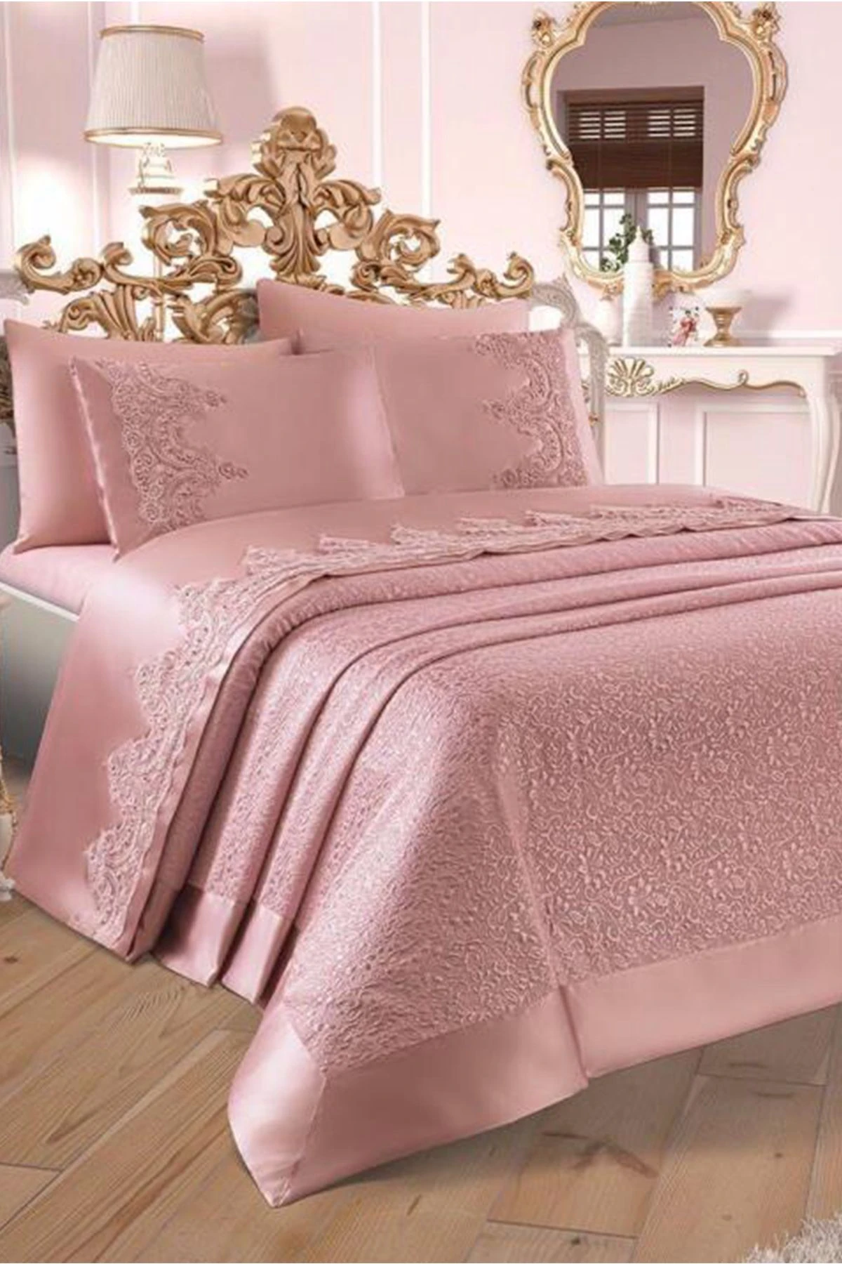  Diana Fransız Güpürlü Çift Kişilik Pike Takımı  - Pudra