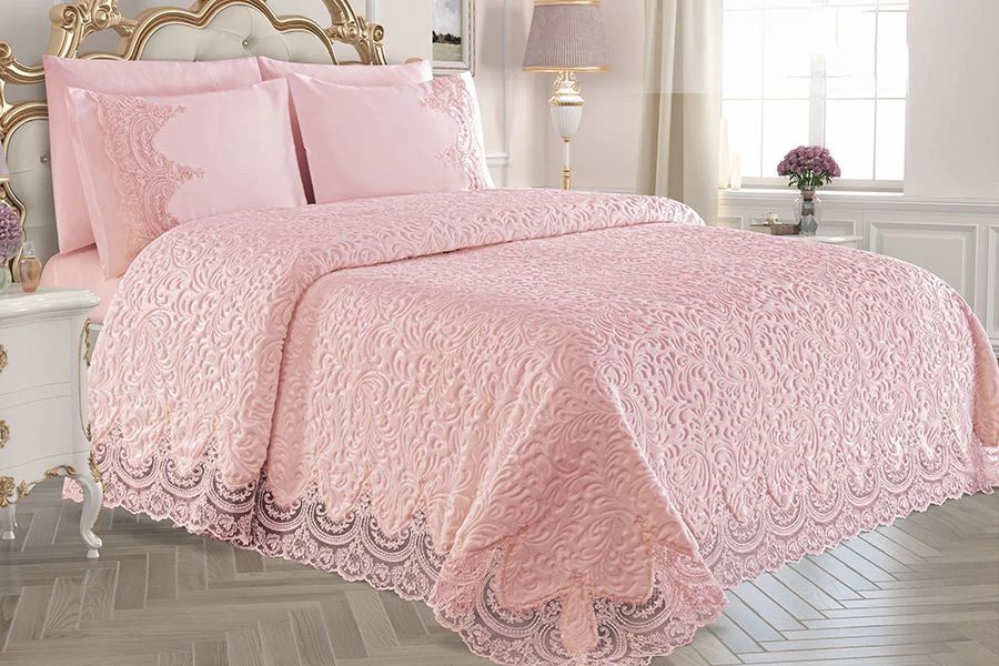 Rongrad Fransız Güpürlü  3 Parça Pike Seti Krem - Pudra