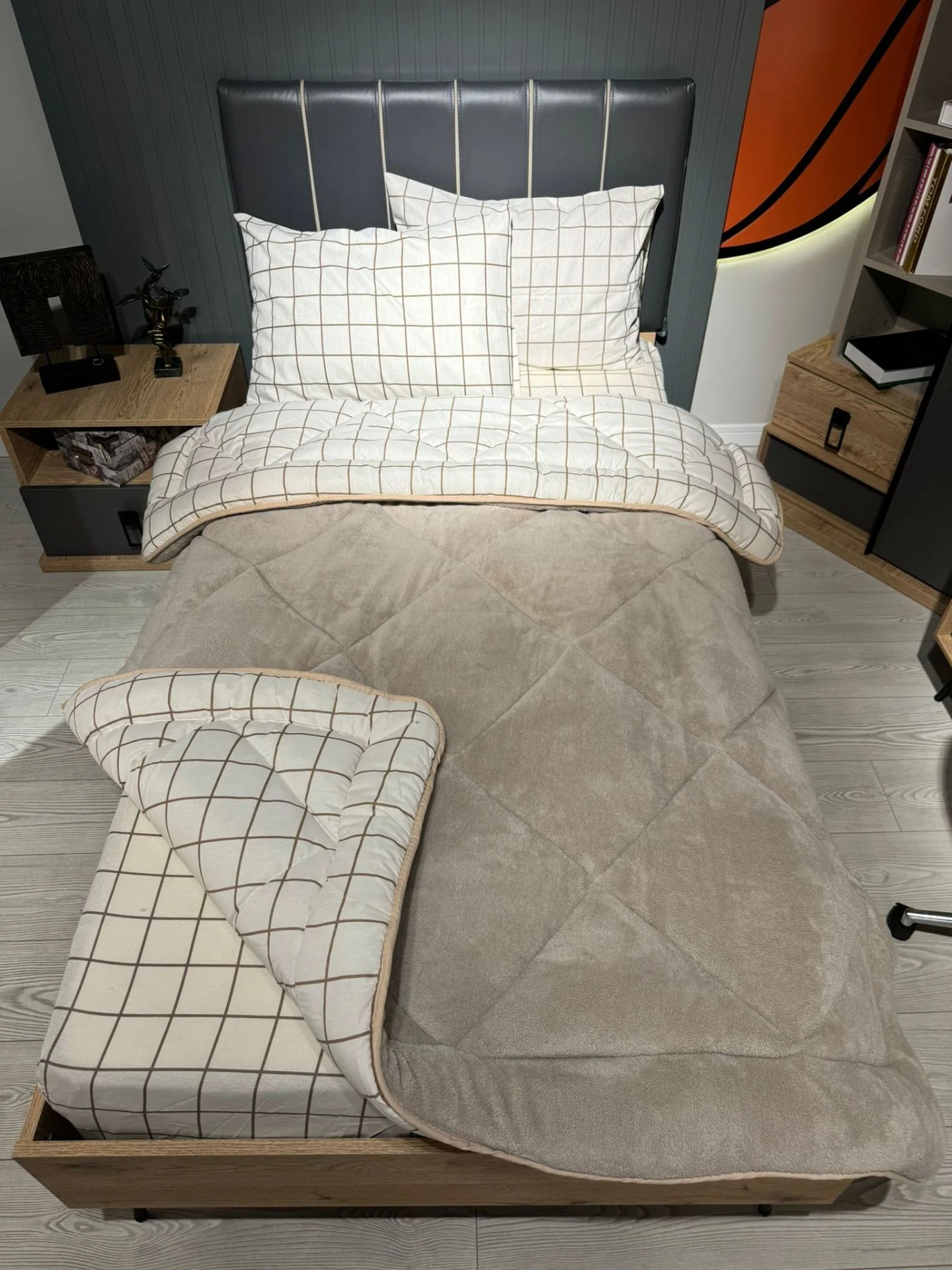 Krem Kare Tek Kişilik Welsoft Pufidik Uyku Seti Love (Lastikli Çarşaflı)