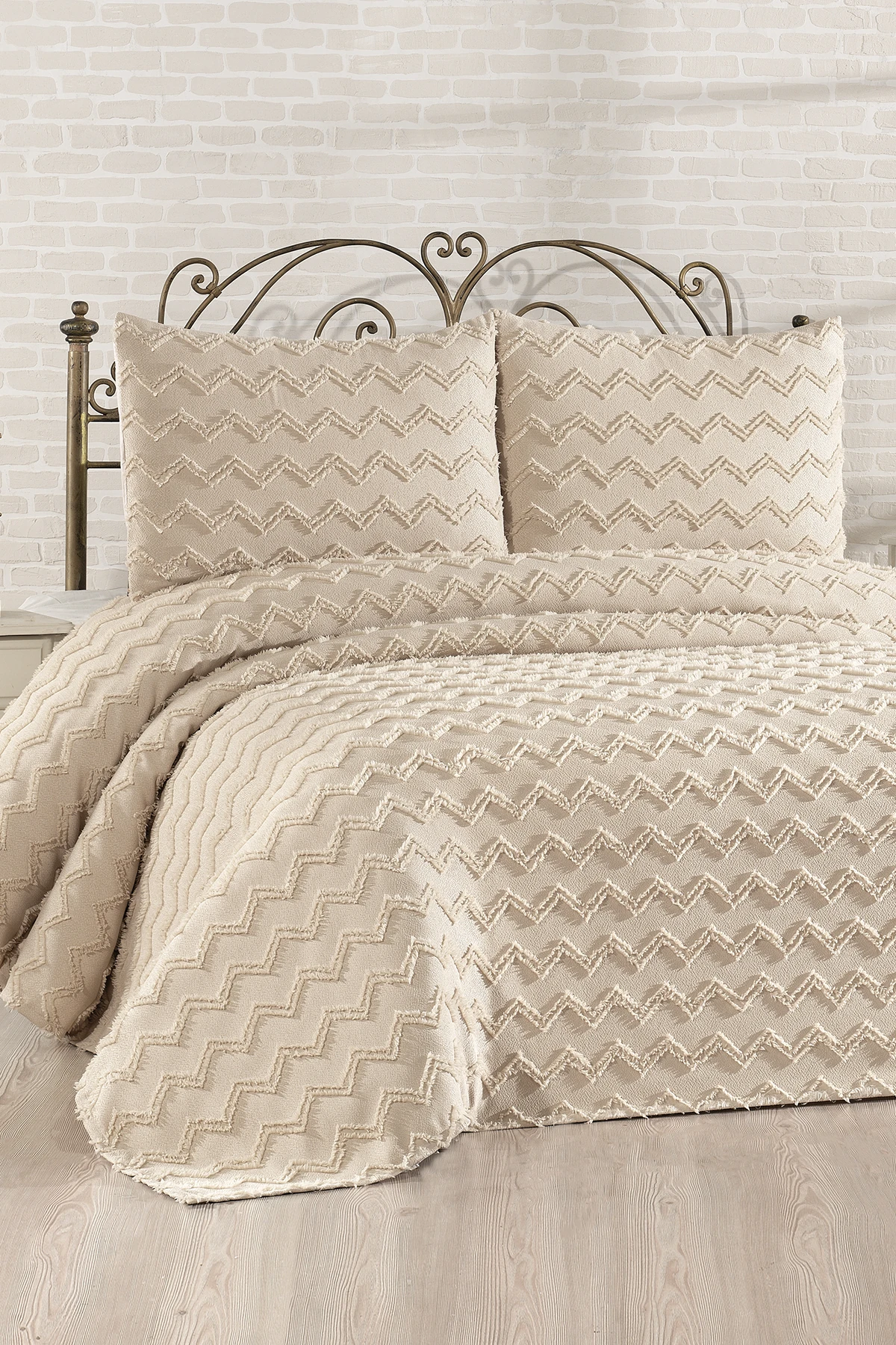 Lidya 3 Parça Çift Kişilik Pike Takımı Krem - Bej