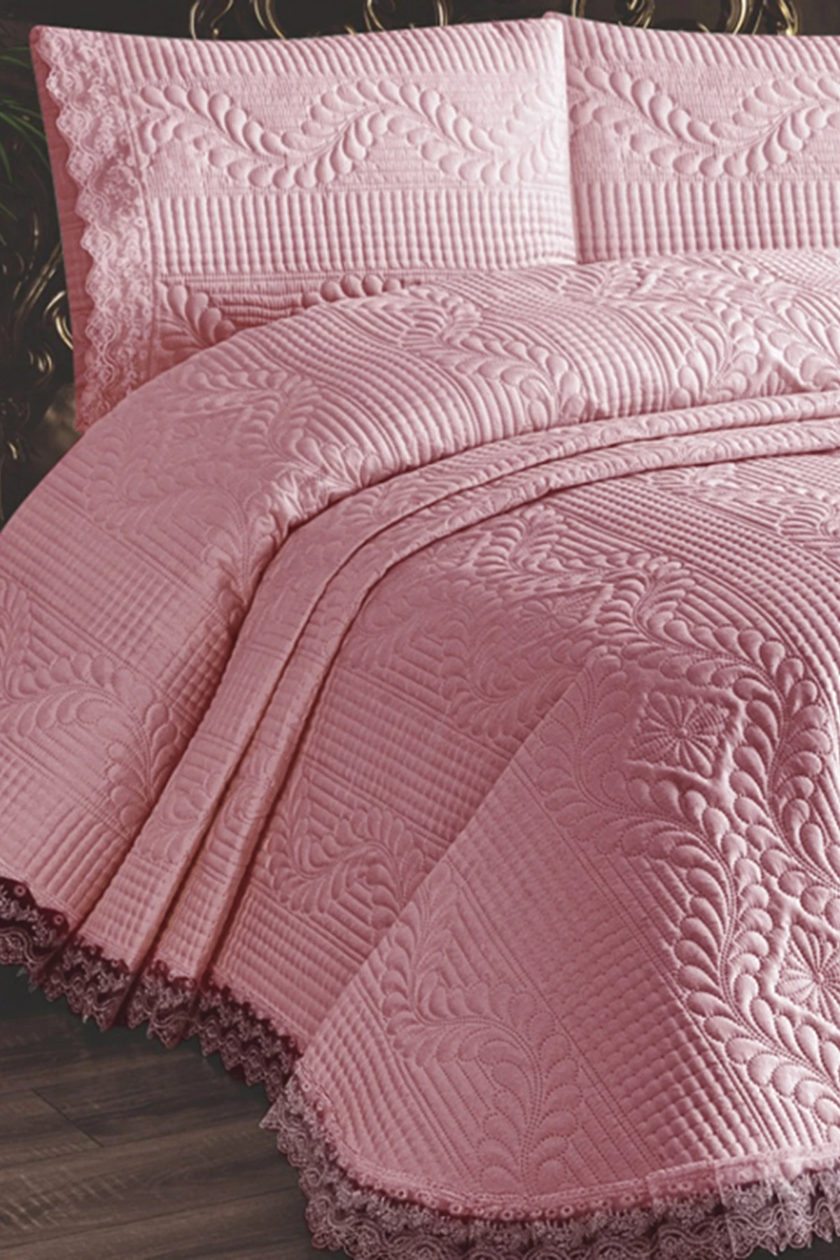 Siena Dantelli Yatak Örtüsü Çift Kişilik - Pudra