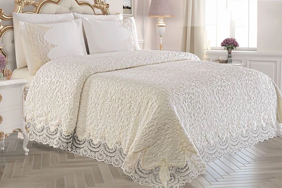 Rongrad Fransız Güpürlü  3 Parça Pike Seti Krem - Beyaz