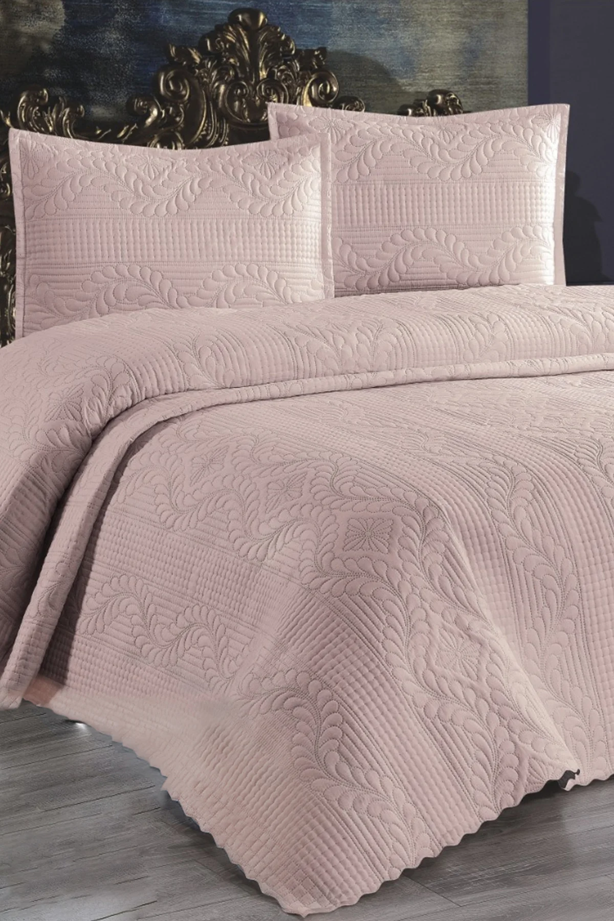 Ultrasonik Kapitoneli Yatak Örtüsü Çift Kişilik - Pudra