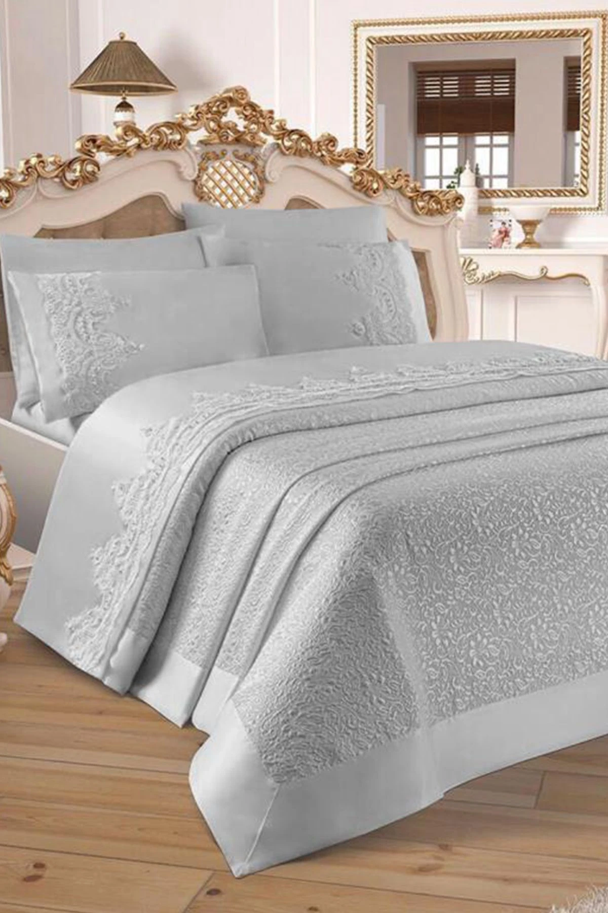  Diana Fransız Güpürlü Çift Kişilik Pike Takımı  - Gri