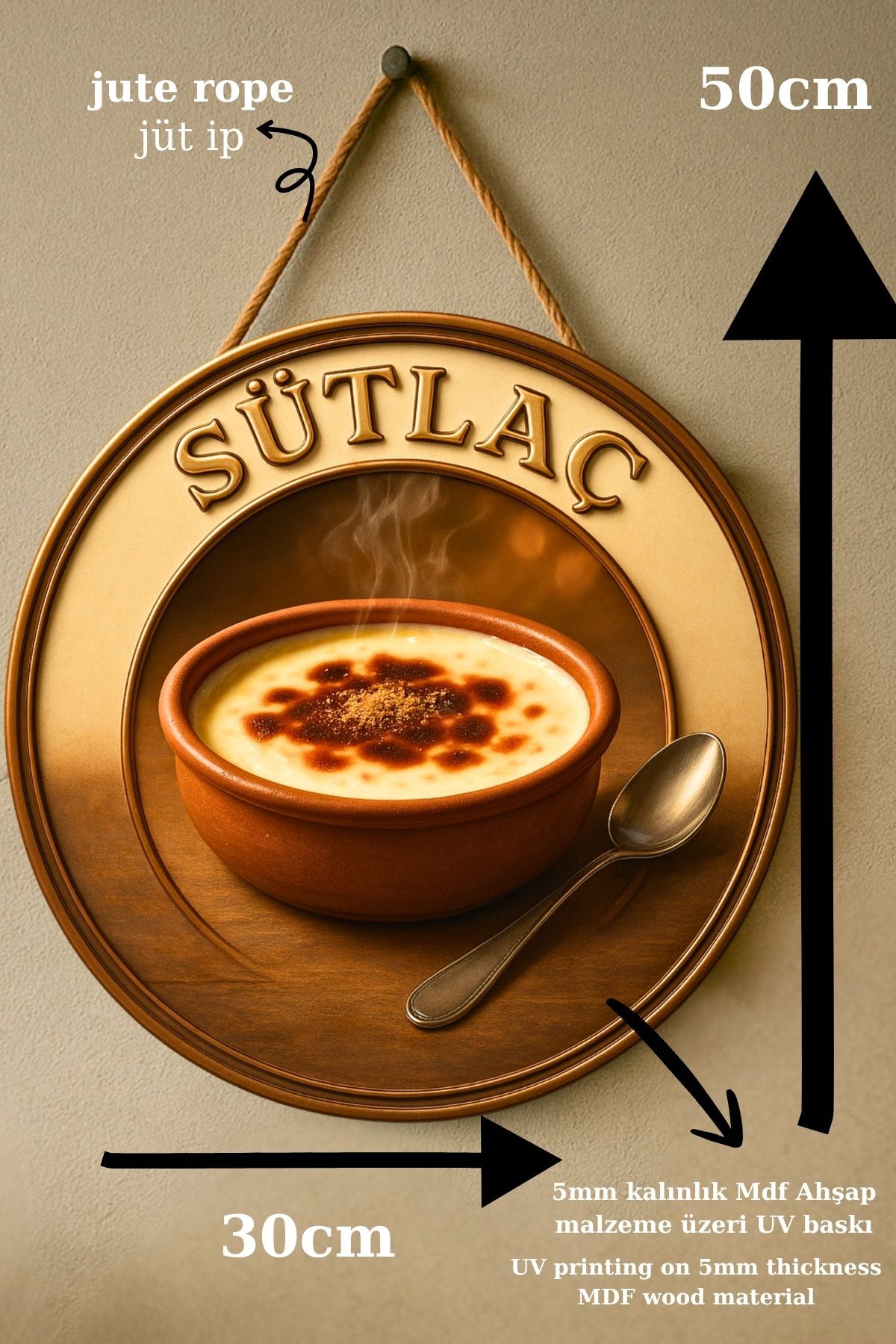 Sütlaç Temalı İpli Ahşap Kapı Duvar Süsü, Pastane, Tatlı Dükkanı, Cafe Tablo Dekoru