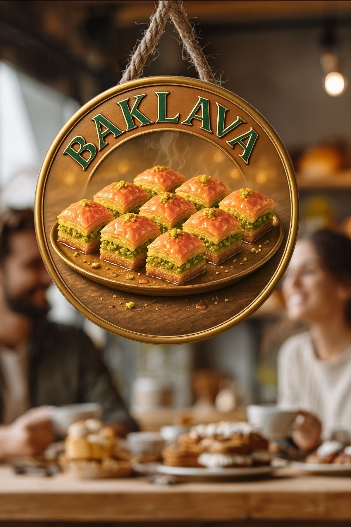Baklava Temalı İpli Ahşap Kapı Duvar Süsü, Pastane, Tatlı Dükkanı, Cafe Tablo Dekoru