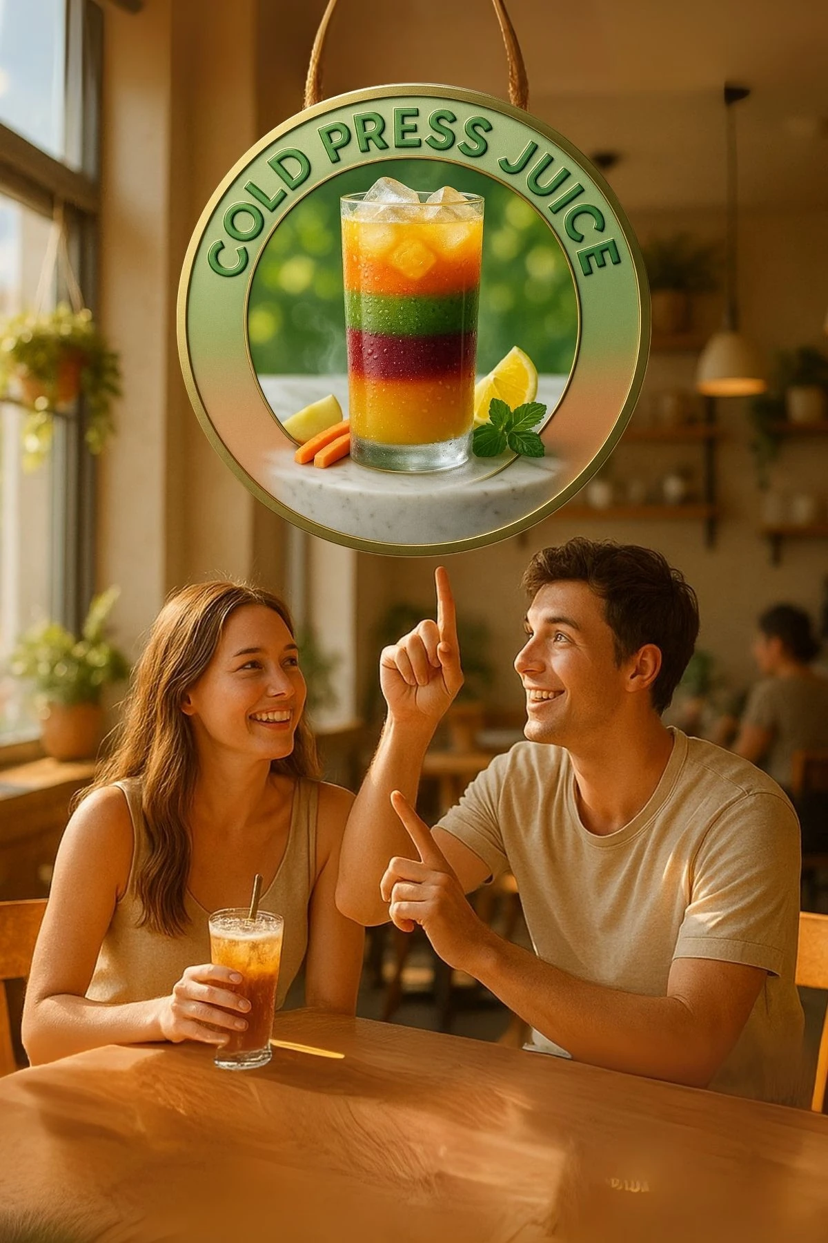 Cold Press Juice Temalı Kapı Süsü Tablosu – Meyve Detaylı UV Baskılı Cafe Duvar Dekoru