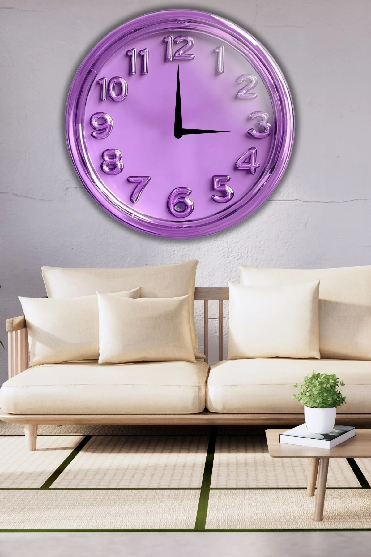 Büyük Boy Ahşap Dekoratif Mor Renkli Duvar Saati Yuvarlak Modern Sessiz Akar Duvar Saati Modeli