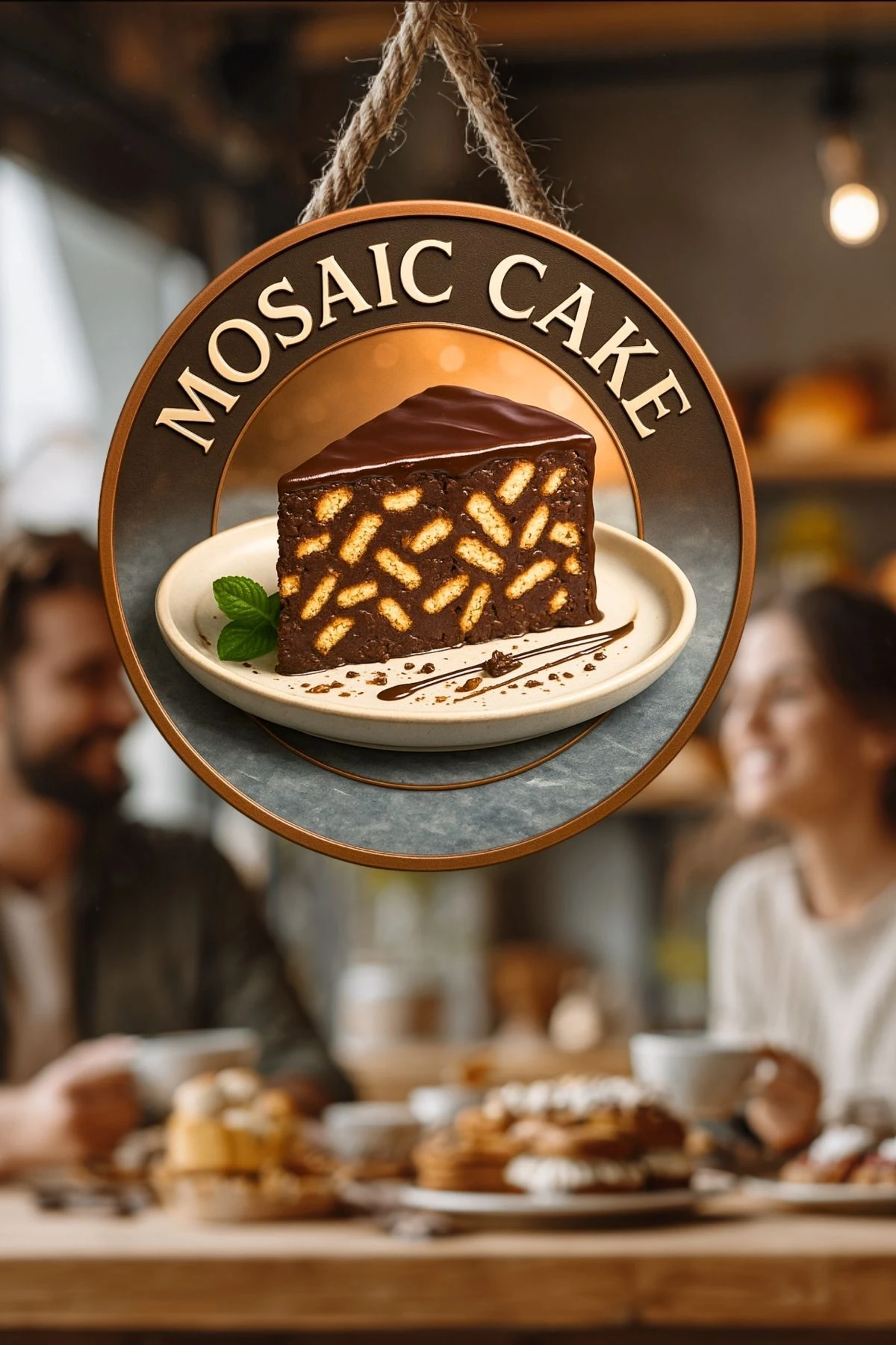 Mozaik Kek Temalı İpli Ahşap Kapı Duvar Süsü, Pastane, Tatlı Dükkanı, Cafe Tablo Dekoru