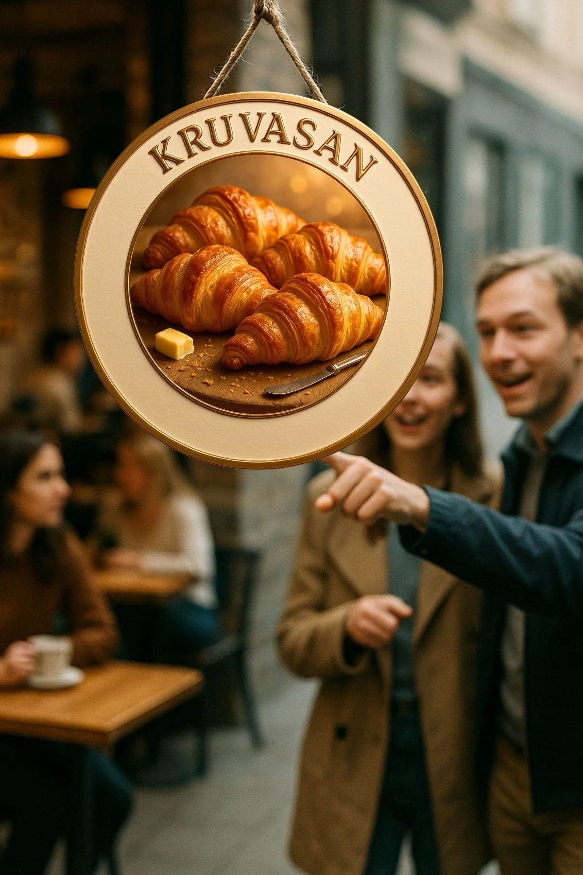 Kruvasan Temalı İpli Ahşap Kapı Duvar Süsü , Pastane, Tatlı Dükkanı, Cafe Dekoru