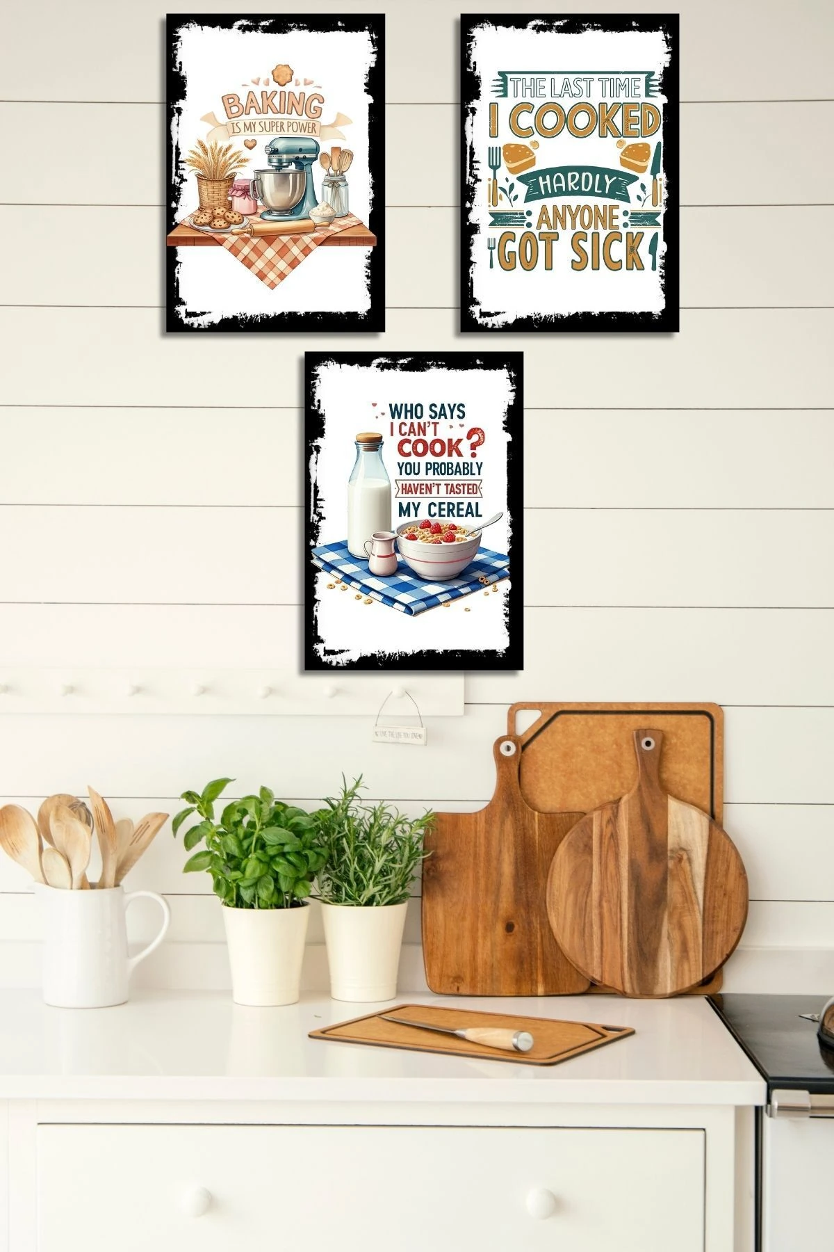 3'lü Ahşap Duvar Posterleri Seti, Mutfak, Cafe veya Yemek Odası için Modern Tablo Dekorasyonu