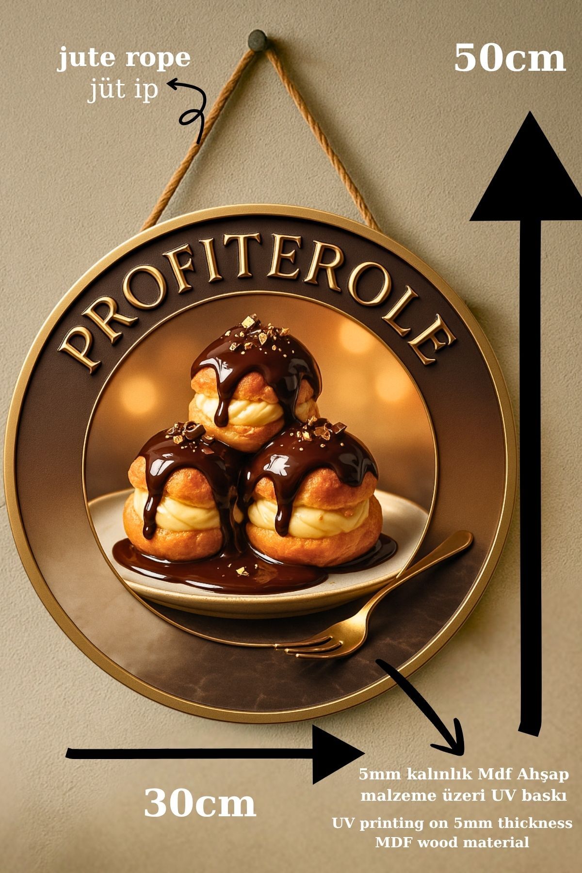 Profiterol Temalı İpli Ahşap Kapı Duvar Süsü, Pastane, Tatlı Dükkanı, Cafe Tablo Dekoru
