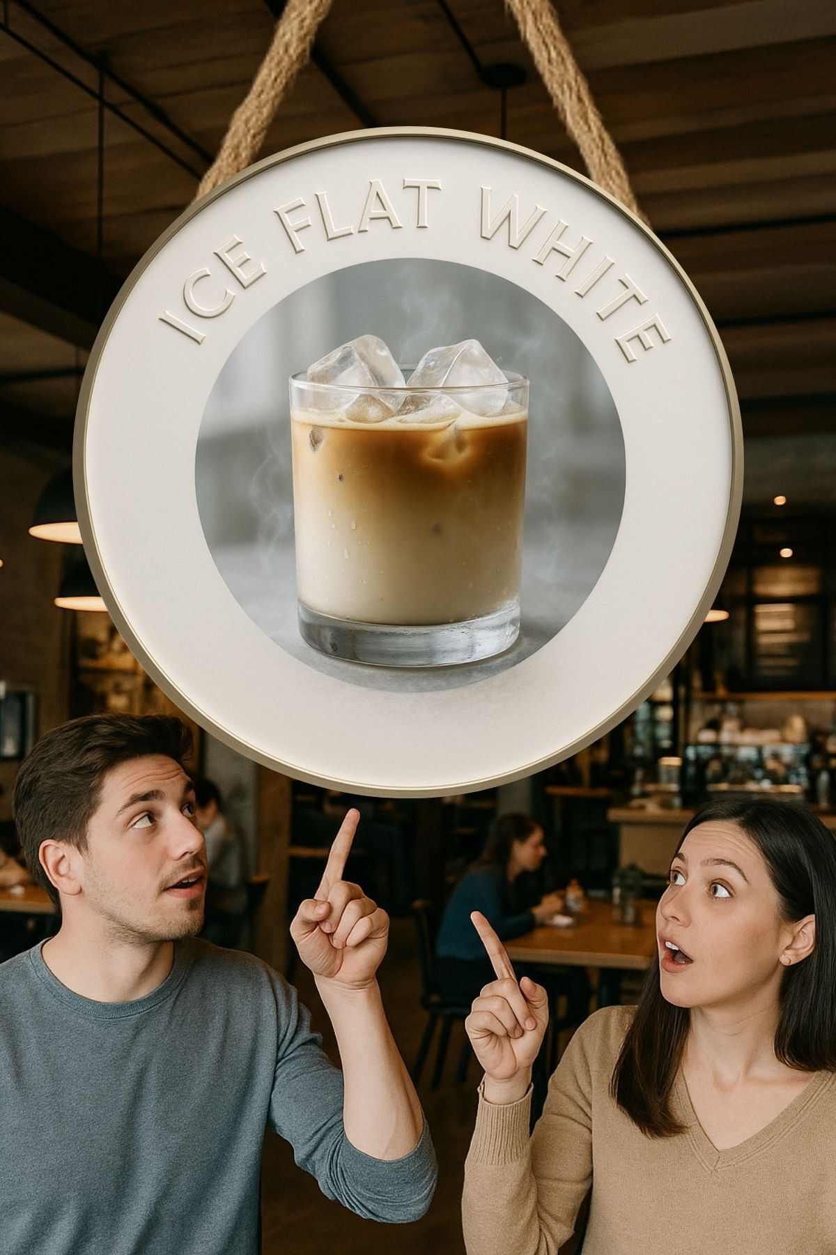 Ice Flat White Temalı Yuvarlak Cafe Tabelası – Jüt İpli Ahşap Duvar & Kapı Dekoru | Barista Süsü