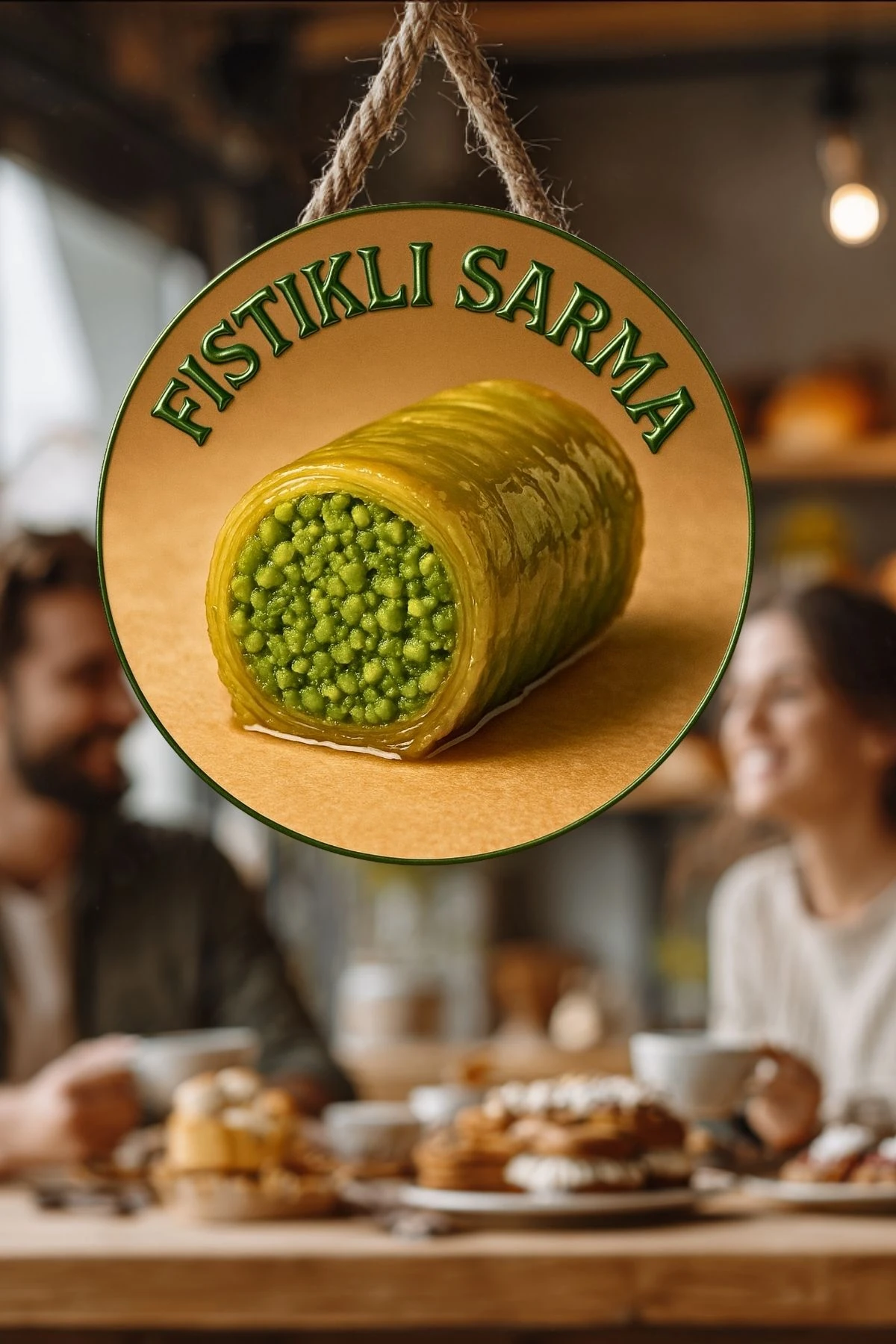Fıstıklı Sarma Temalı İpli Ahşap Kapı Duvar Süsü, Pastane, Tatlı Dükkanı, Cafe Tablo Dekoru