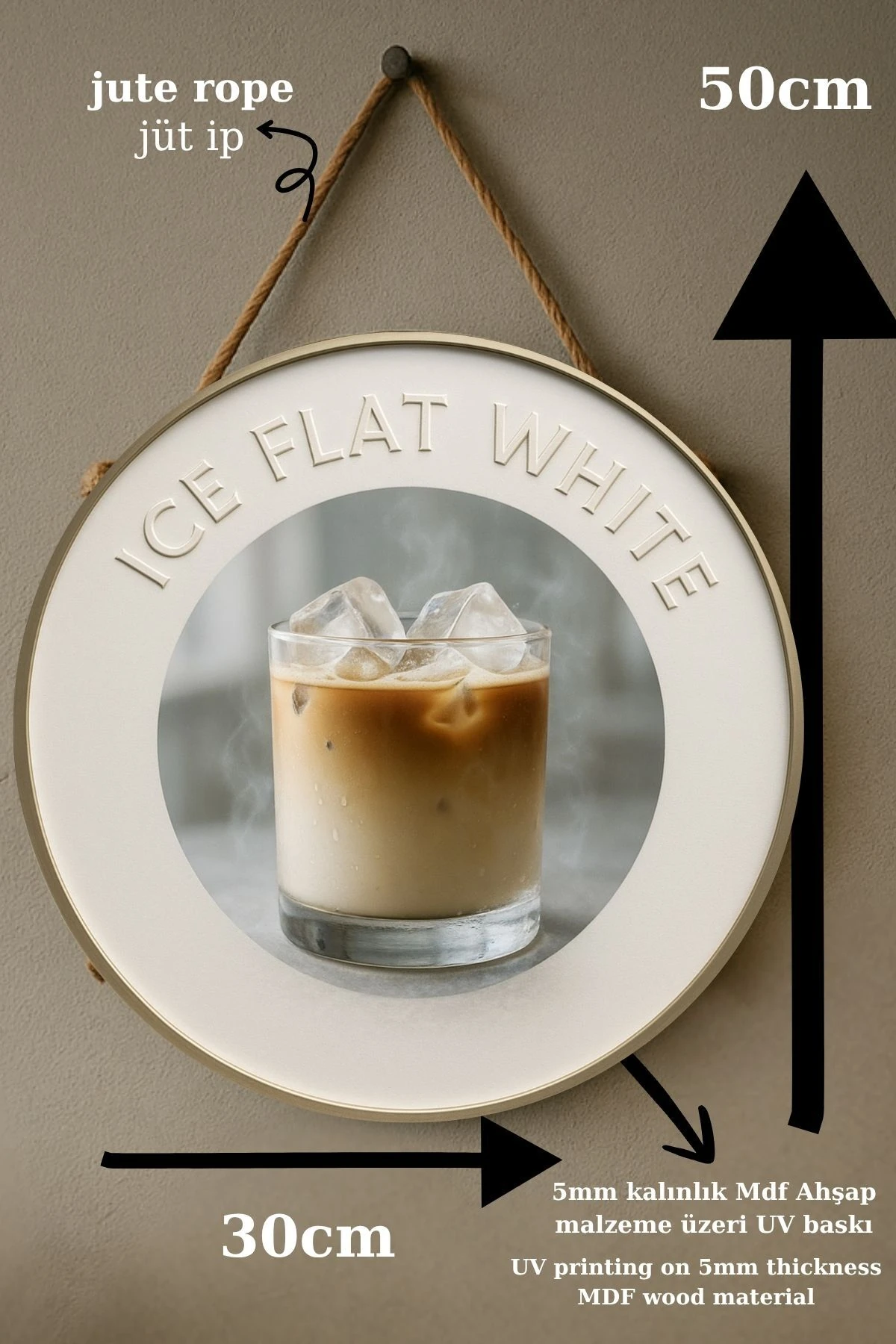 Ice Flat White Temalı Yuvarlak Cafe Tabelası – Jüt İpli Ahşap Duvar & Kapı Dekoru | Barista Süsü
