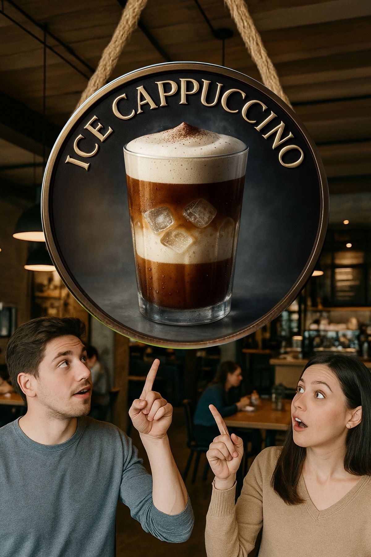 Ice Cappuccino Temalı Yuvarlak Cafe Tabelası – Jüt İpli Ahşap Duvar & Kapı Dekoru | Barista Süsü