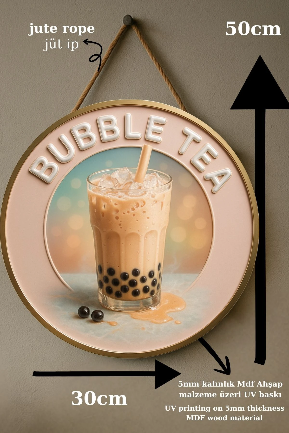 Bubble Tea Temalı Kapı Süsü Tablosu – Boba İçecek Konseptli Dekoratif Cafe Büfe Duvar Aksesuarı