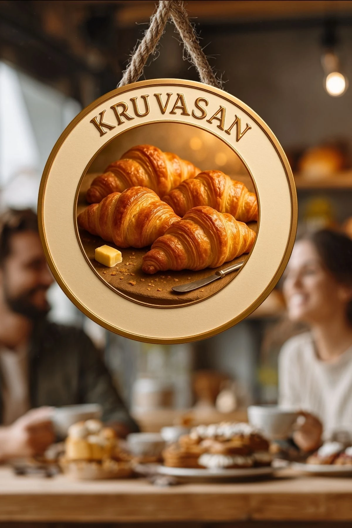 Kruvasan Temalı İpli Ahşap Kapı Duvar Süsü , Pastane, Tatlı Dükkanı, Cafe Dekoru