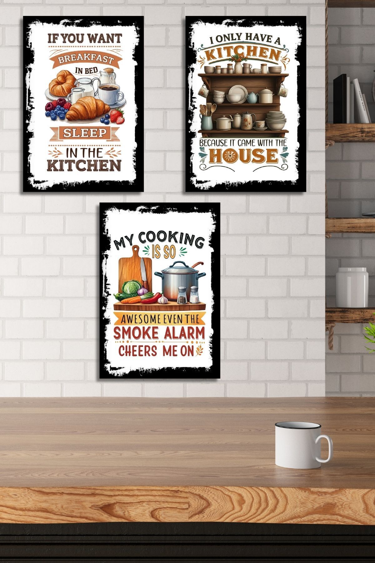 3'lü Ahşap Duvar Posterleri Seti, Mutfak, Cafe veya Yemek Odası için Modern Tablo Dekorasyonu