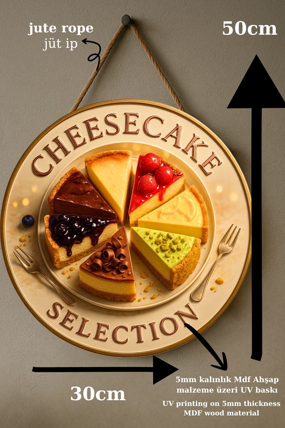 Cheesecake Temalı İpli Ahşap Kapı Duvar Süsü, Pastane, Tatlı Dükkanı, Cafe Tablo Dekoru
