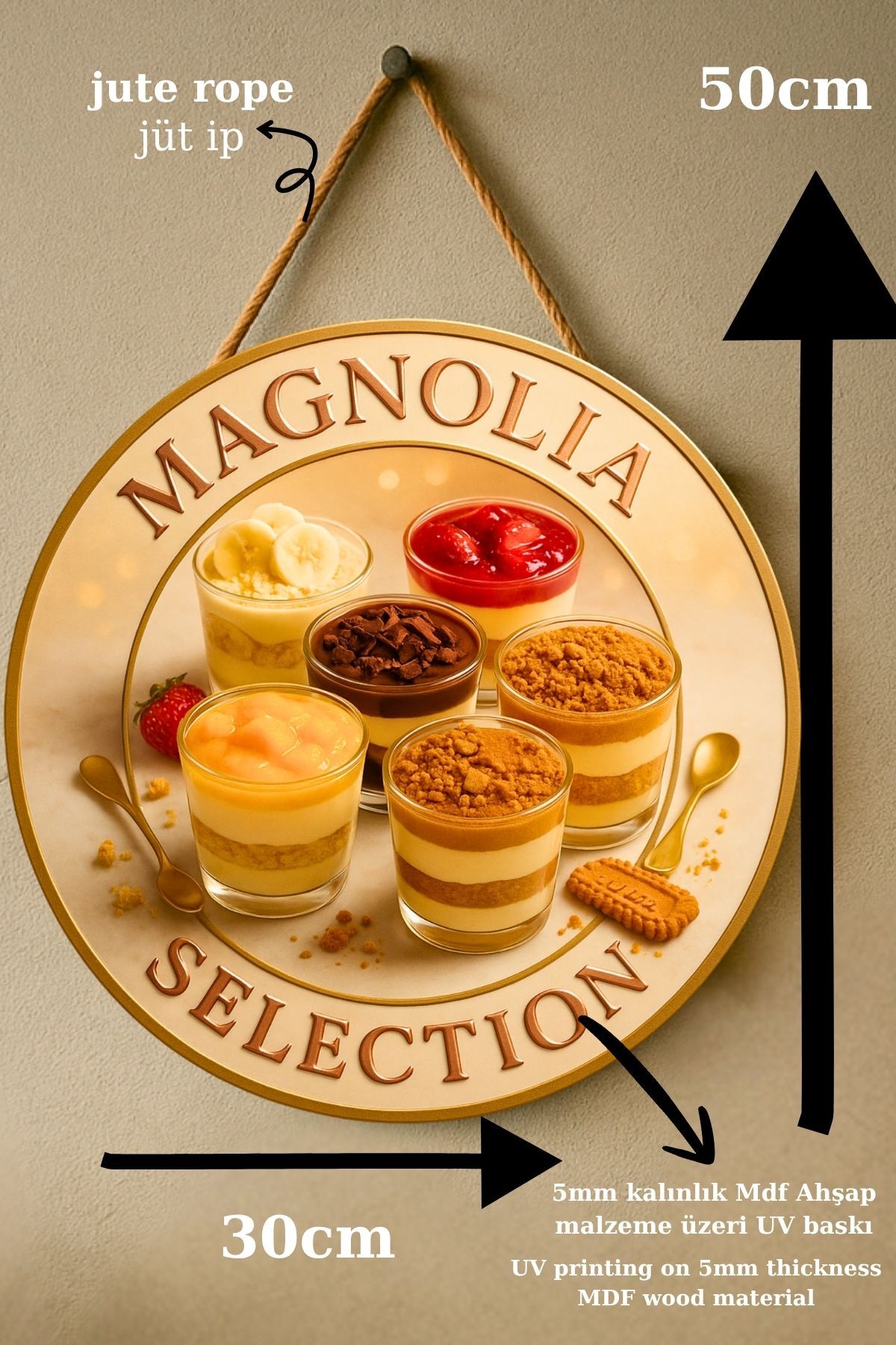 Magnolia Temalı İpli Ahşap Kapı Duvar Süsü, Pastane, Tatlı Dükkanı, Cafe Tablo Dekoru