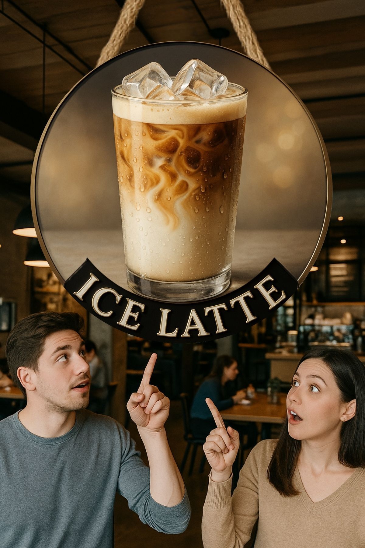 Ice Latte Temalı Yuvarlak Cafe Tabelası – Jüt İpli Ahşap Duvar & Kapı Dekoru | Barista Tarzı Süs
