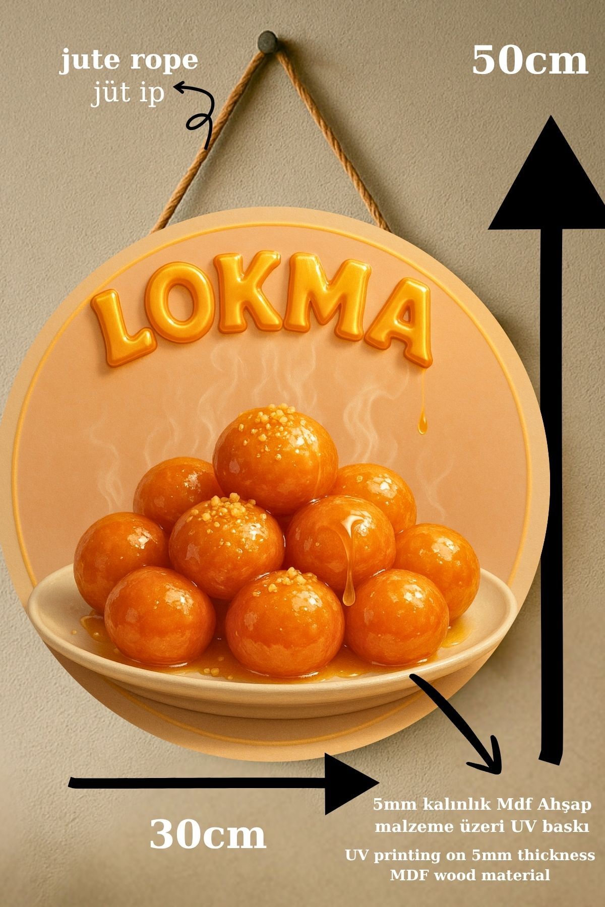 Lokma Tatlısı Temalı İpli Ahşap Kapı Duvar Süsü, Pastane, Tatlı Dükkanı, Cafe Tablo Dekoru