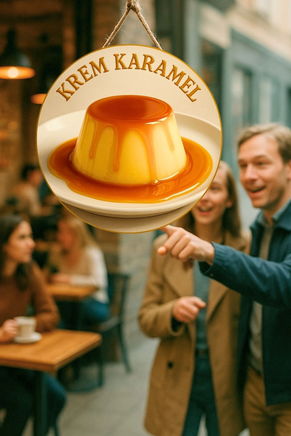 Krem Karamel Temalı İpli Ahşap Kapı Duvar Süsü, Pastane, Tatlı Dükkanı, Cafe Tablo Dekoru