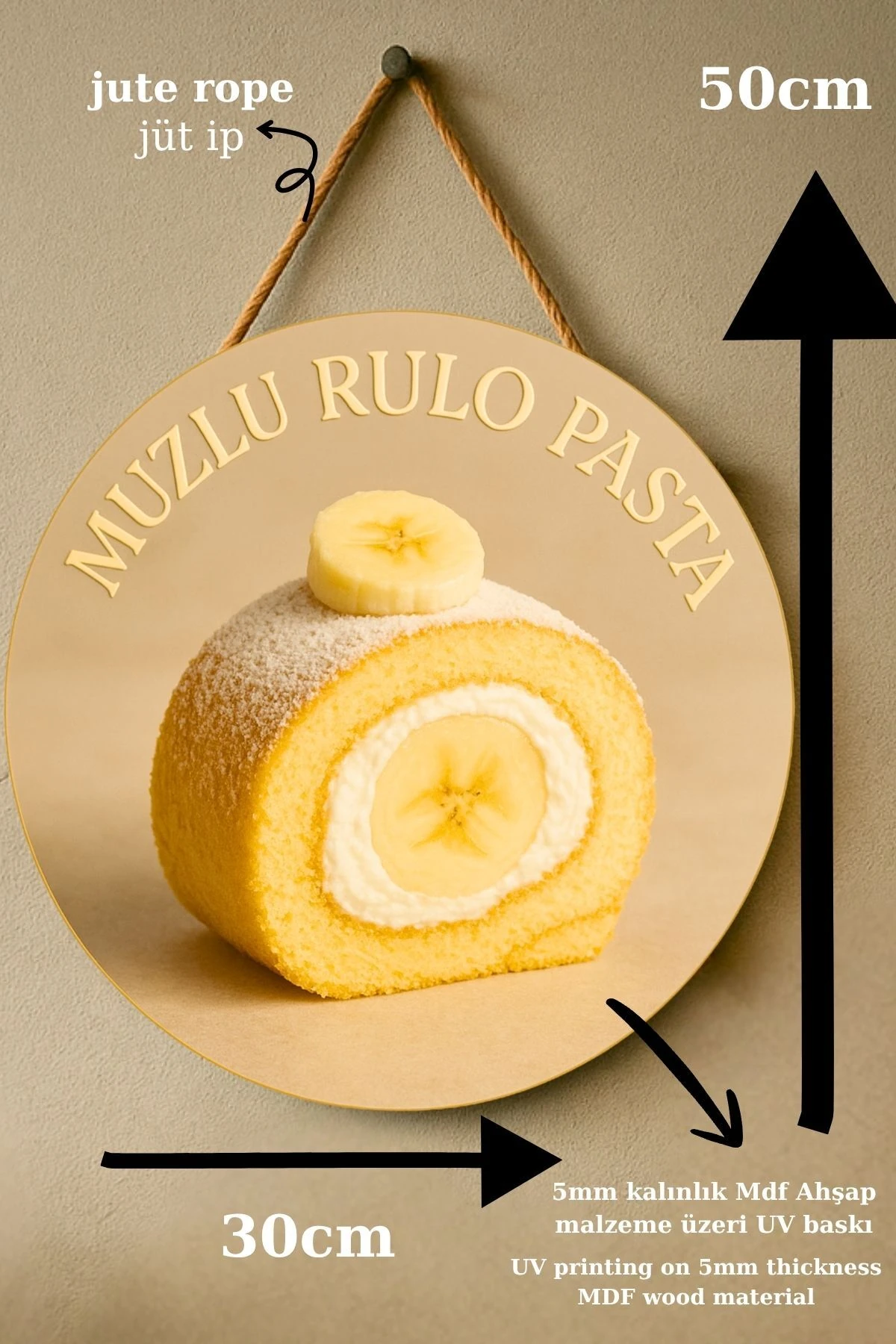 Muzlu Rulo Pasta Temalı İpli Ahşap Kapı Duvar Süsü, Pastane, Tatlı Dükkanı, Cafe Tablo Dekoru