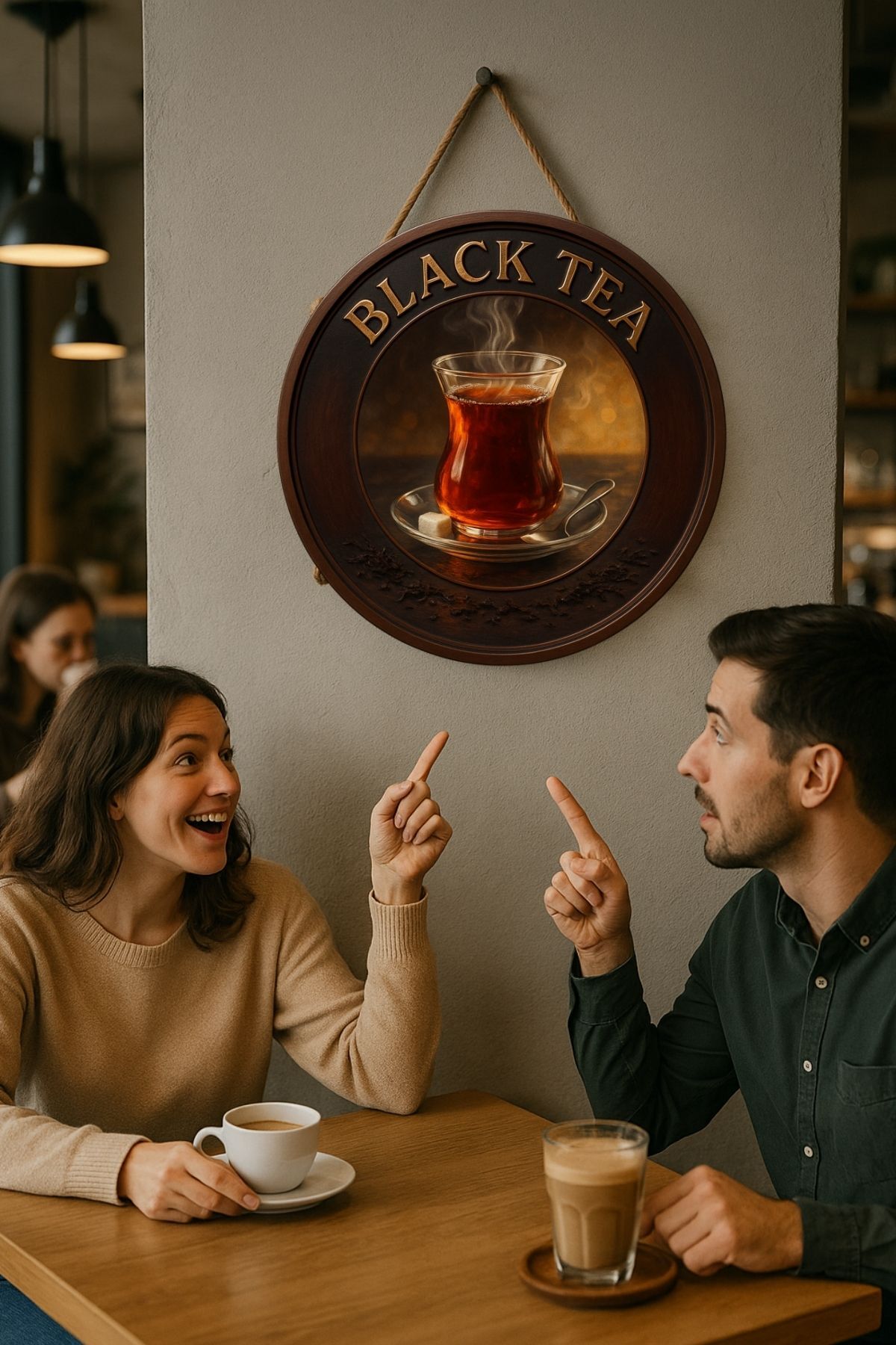 Black Tea Temalı Yuvarlak Cafe Tabelası – Jüt İpli Ahşap Duvar & Kapı Dekoru | Barista Tarzı Süs