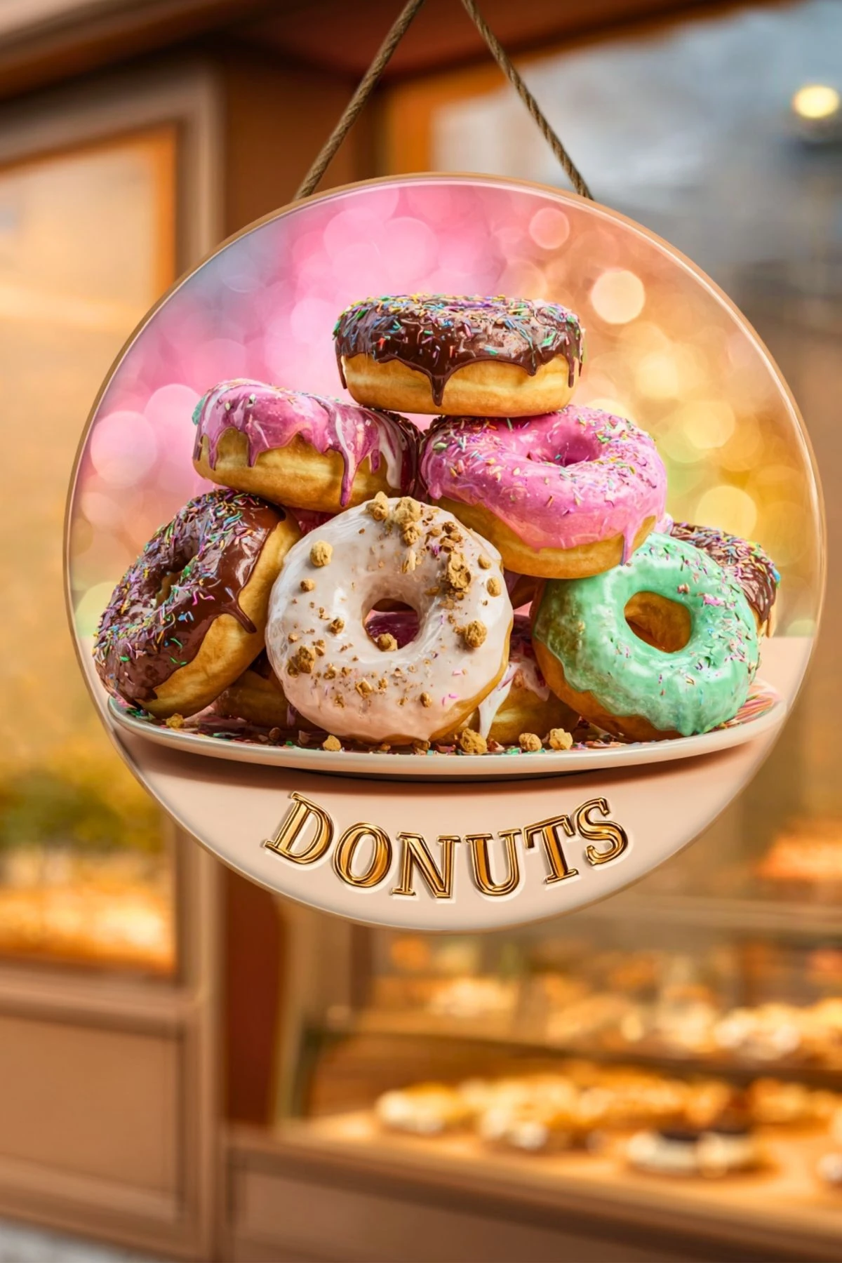 Donut Temalı İpli Ahşap Kapı Duvar Süsü, Pastane, Tatlı Dükkanı, Cafe Tablo Dekoru