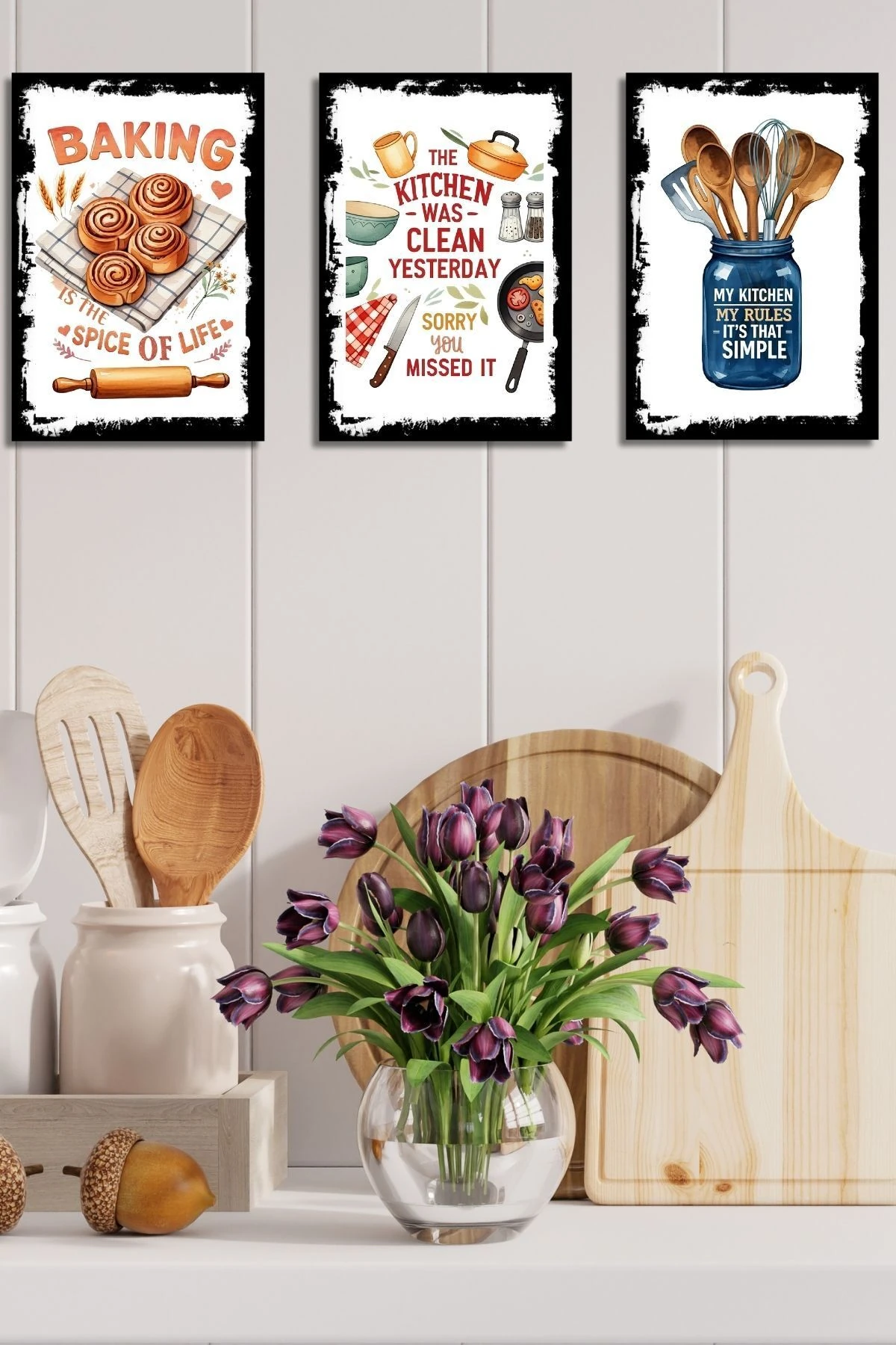 3'lü Ahşap Duvar Posterleri Seti, Mutfak, Cafe veya Yemek Odası için Modern Tablo Dekorasyonu