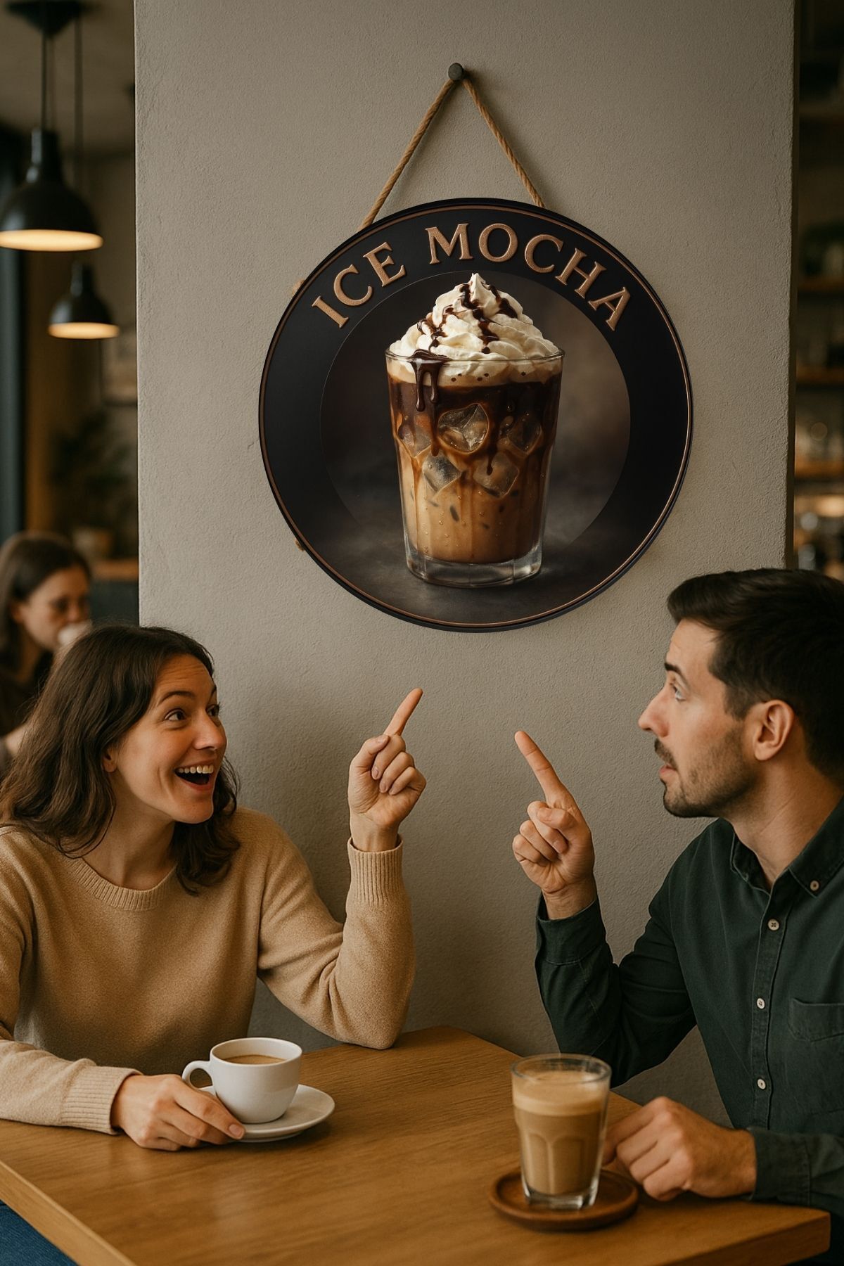 Ice Mocha Temalı Yuvarlak Cafe Tabelası – Jüt İpli Ahşap Duvar & Kapı Dekoru | Barista Tarzı Süs