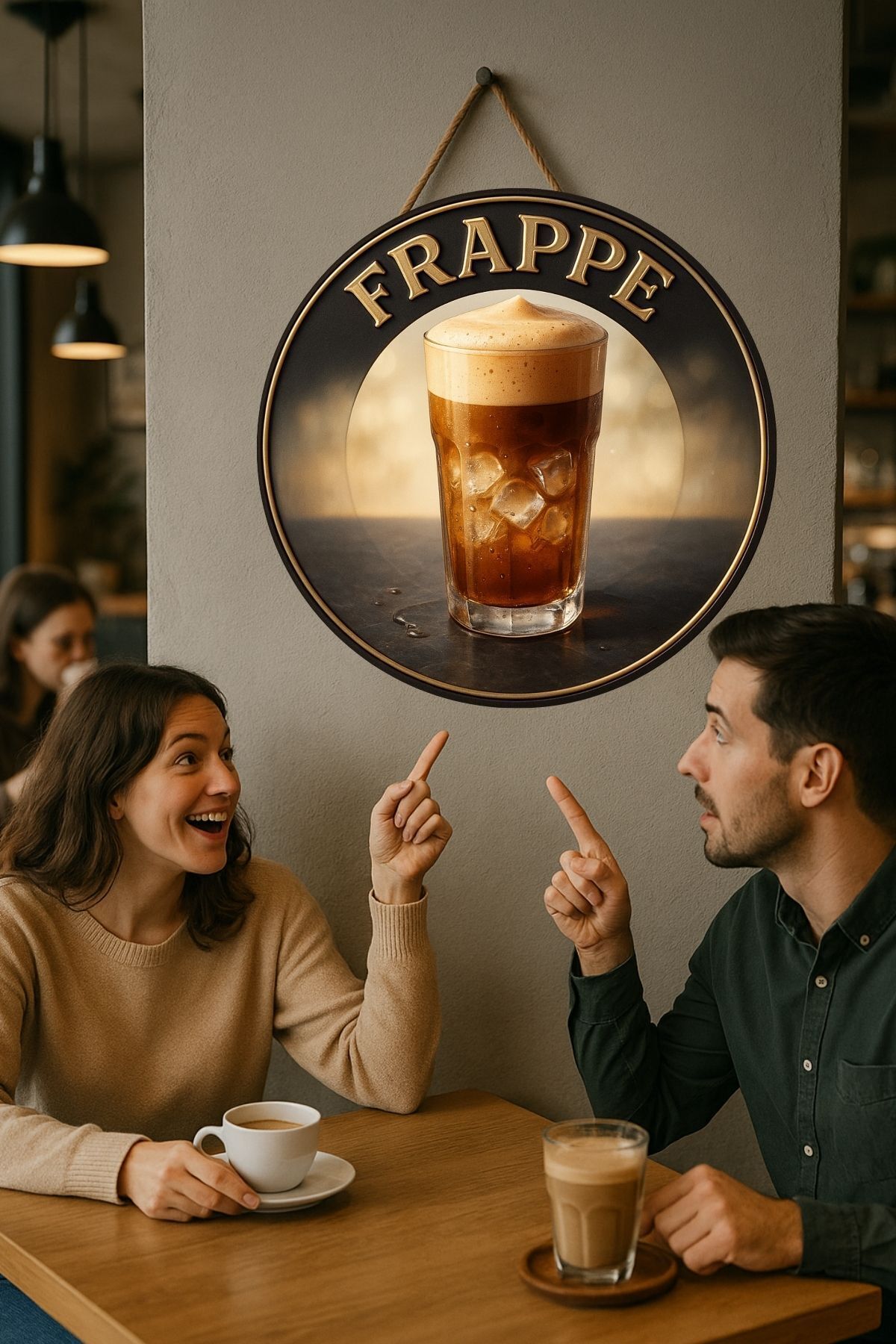Frappe Temalı Yuvarlak Cafe Tabelası – Jüt İpli Ahşap Duvar & Kapı Dekoru | Barista Tarzı Retro Süs