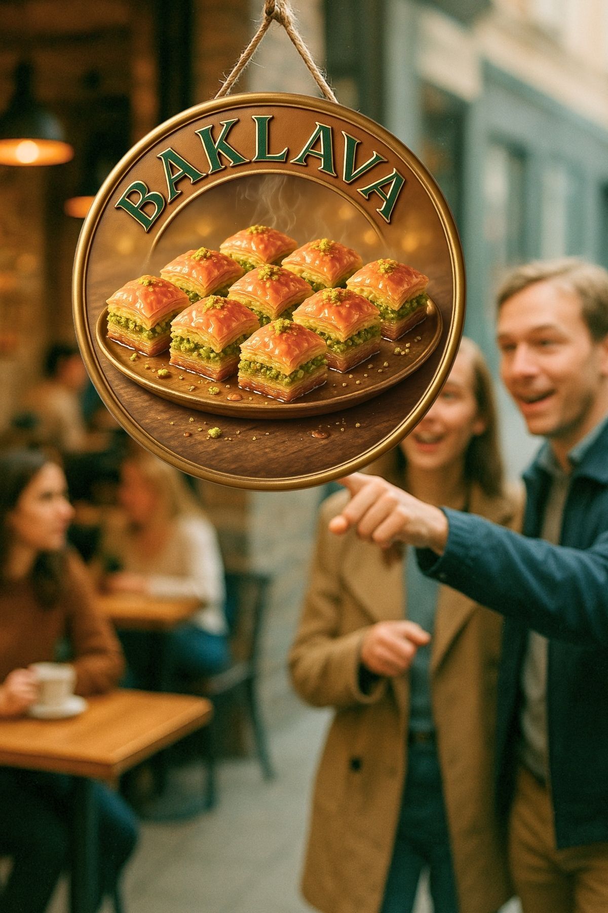 Baklava Temalı İpli Ahşap Kapı Duvar Süsü, Pastane, Tatlı Dükkanı, Cafe Tablo Dekoru