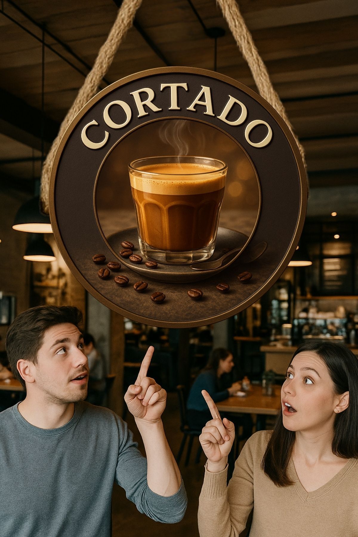 Cortado Temalı Yuvarlak Cafe Tabelası – Jüt İpli Ahşap Duvar & Kapı Dekoru | Barista Tarzı Süs