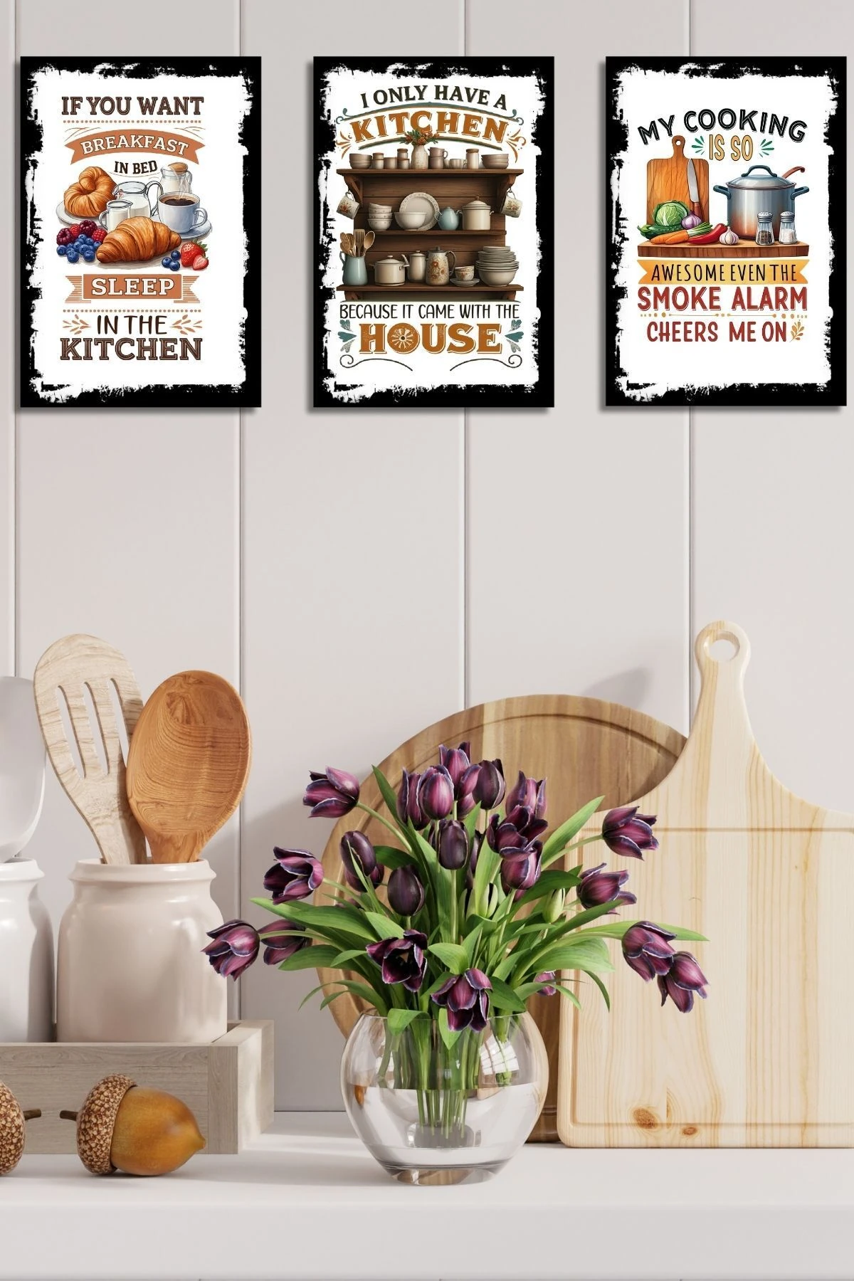 3'lü Ahşap Duvar Posterleri Seti, Mutfak, Cafe veya Yemek Odası için Modern Tablo Dekorasyonu