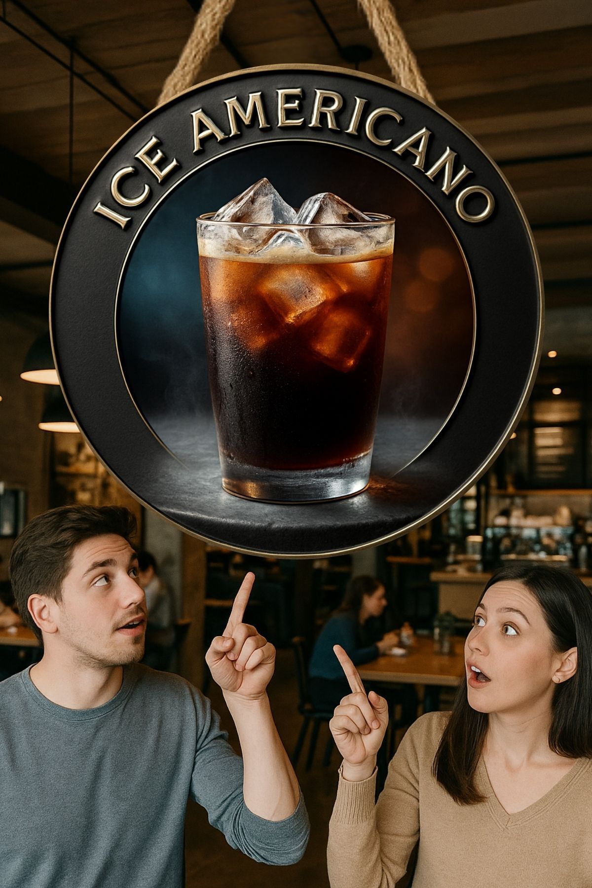Ice Americano Temalı Yuvarlak Cafe Tabelası – Jüt İpli Ahşap Duvar & Kapı Dekoru | Barista Tarz Süs