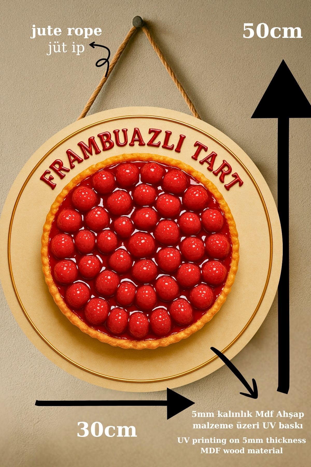 Frambuazlı Tart Temalı İpli Ahşap Kapı Duvar Süsü, Pastane, Tatlı Dükkanı, Cafe Tablo Dekoru