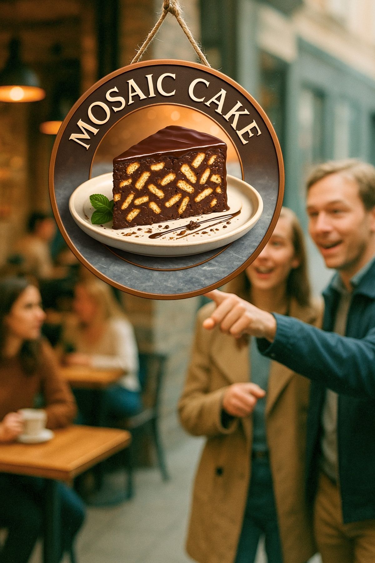 Mozaik Kek Temalı İpli Ahşap Kapı Duvar Süsü, Pastane, Tatlı Dükkanı, Cafe Tablo Dekoru