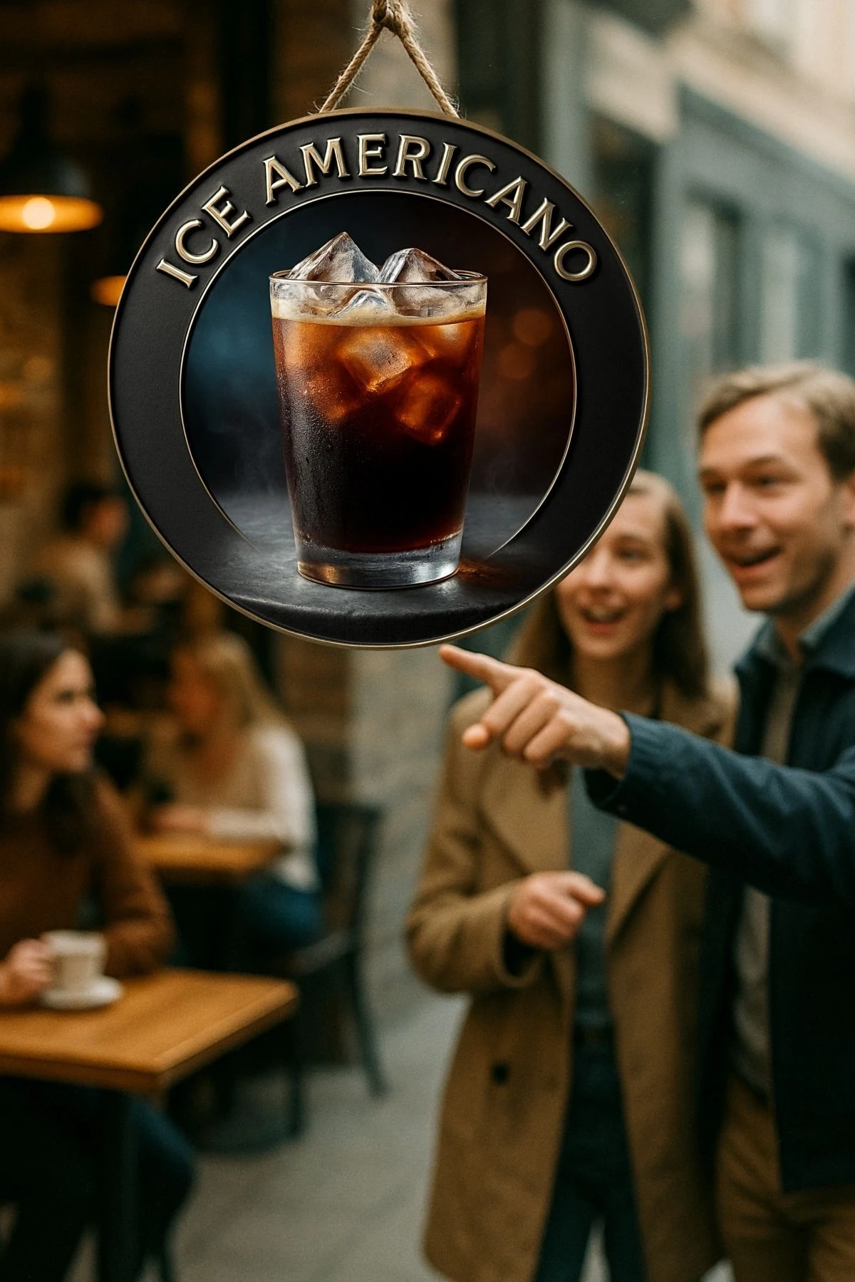 Ice Americano Temalı Yuvarlak Cafe Tabelası – Jüt İpli Ahşap Duvar & Kapı Dekoru | Barista Tarz Süs