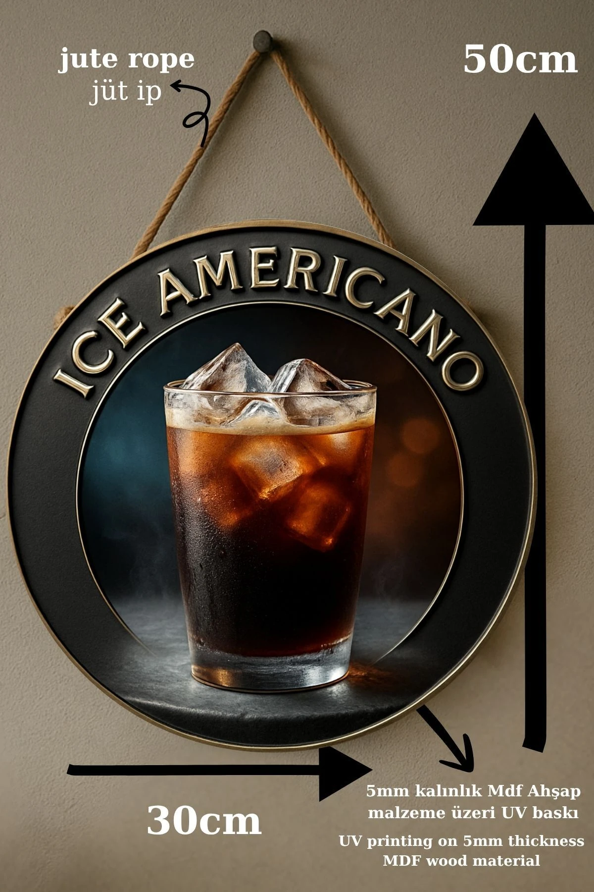 Ice Americano Temalı Yuvarlak Cafe Tabelası – Jüt İpli Ahşap Duvar & Kapı Dekoru | Barista Tarz Süs