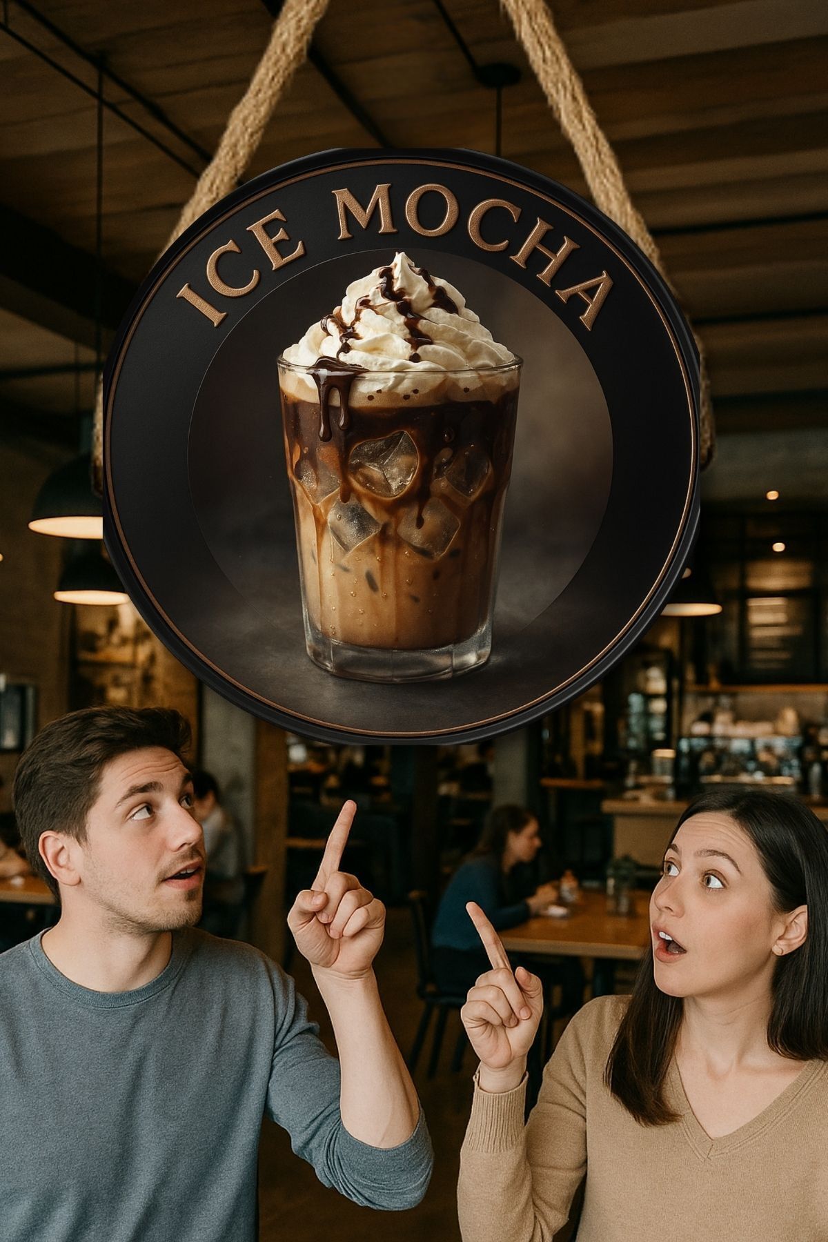 Ice Mocha Temalı Yuvarlak Cafe Tabelası – Jüt İpli Ahşap Duvar & Kapı Dekoru | Barista Tarzı Süs