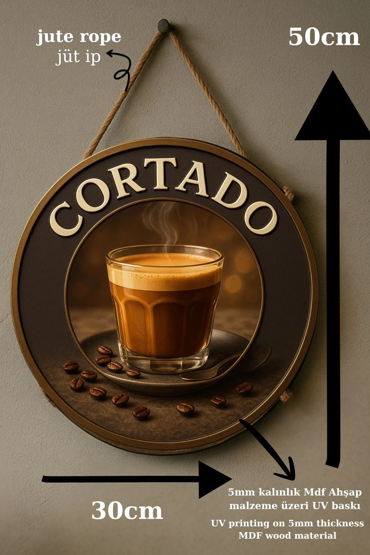 Cortado Temalı Yuvarlak Cafe Tabelası – Jüt İpli Ahşap Duvar & Kapı Dekoru | Barista Tarzı Süs