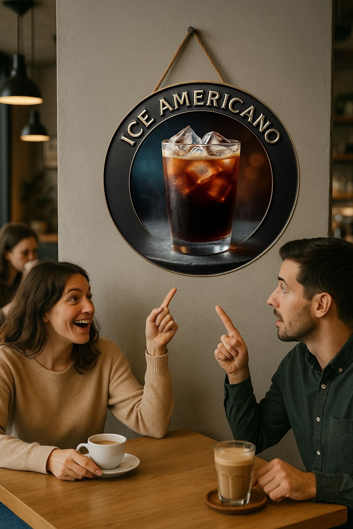 Ice Americano Temalı Yuvarlak Cafe Tabelası – Jüt İpli Ahşap Duvar & Kapı Dekoru | Barista Tarz Süs