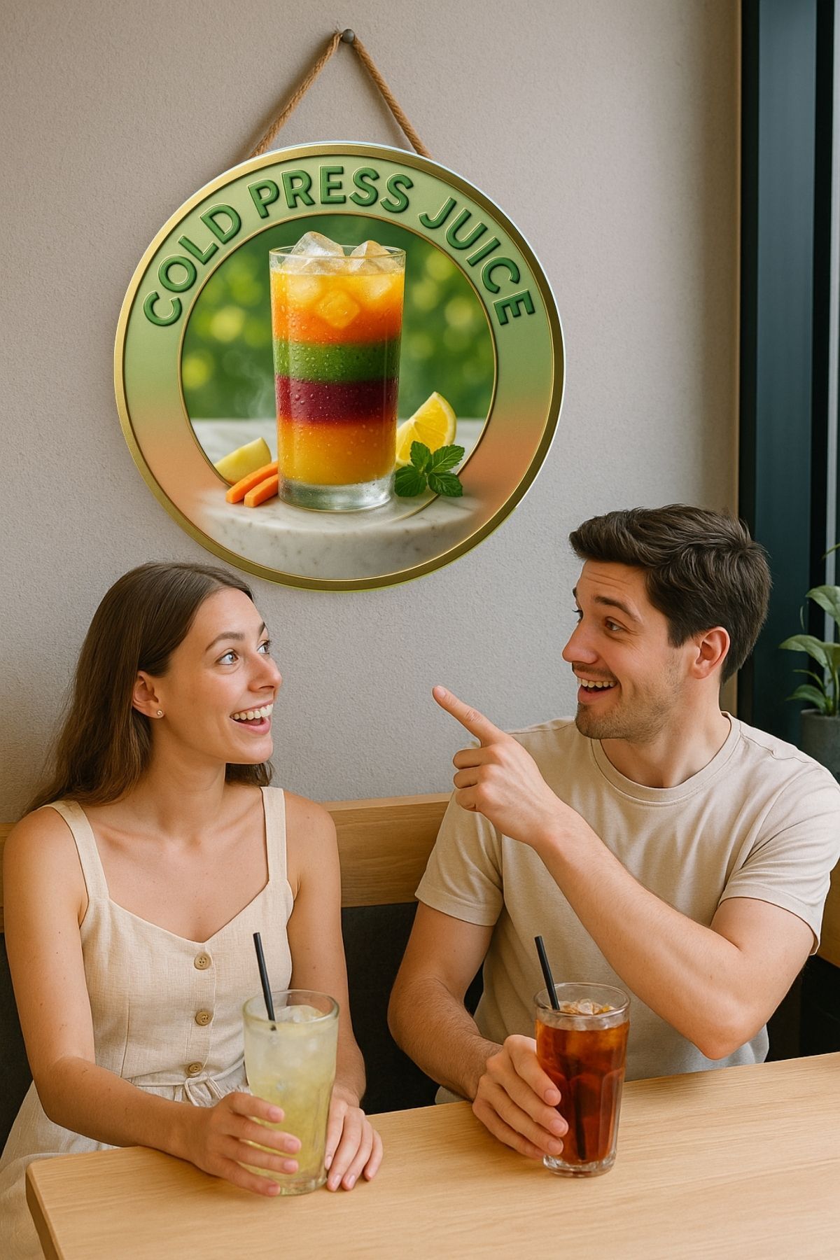 Cold Press Juice Temalı Kapı Süsü Tablosu – Meyve Detaylı UV Baskılı Cafe Duvar Dekoru